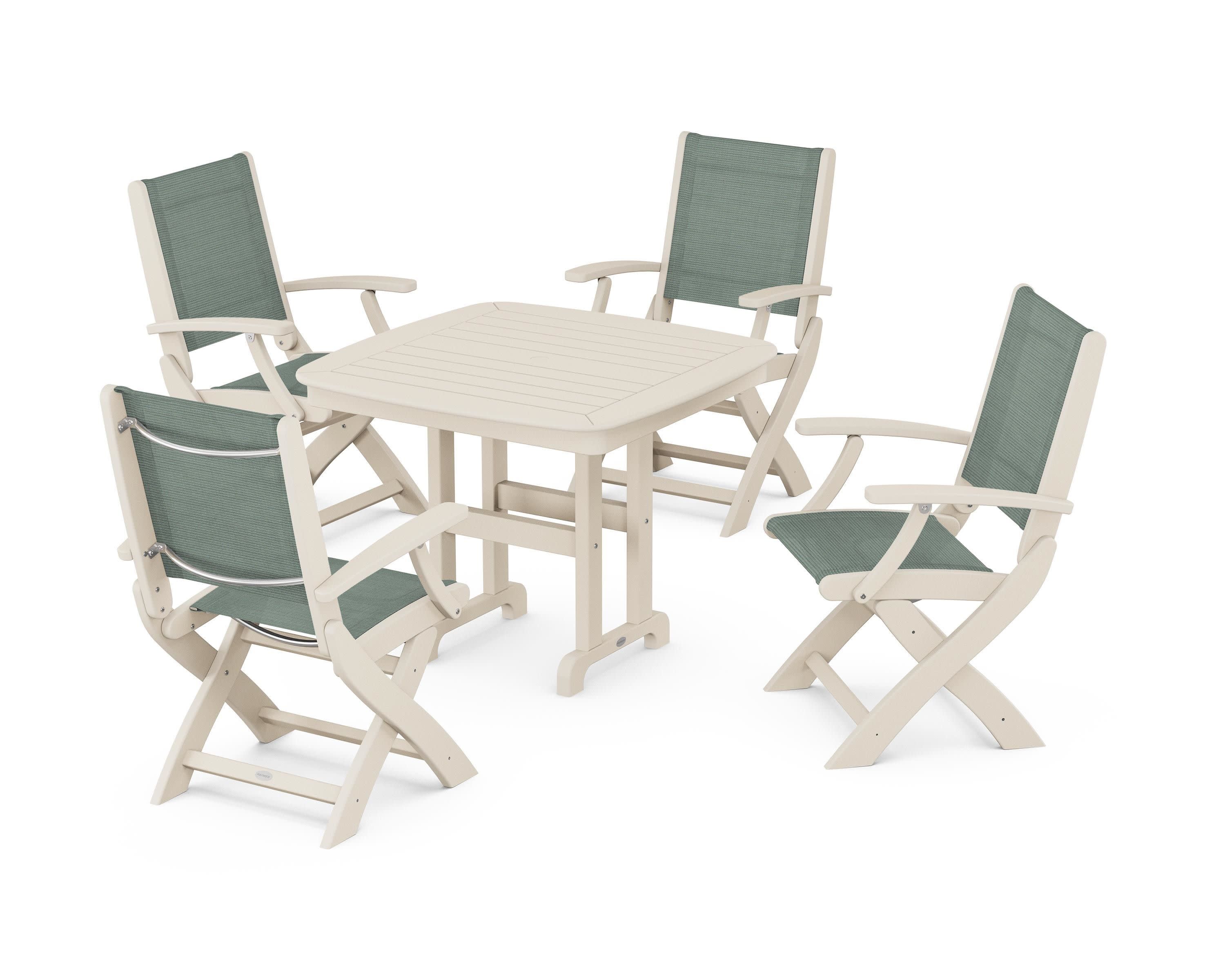 Coastal Folding Chair 5-Piece Dining Set in Sand / Dupioni Sea Mist Sling