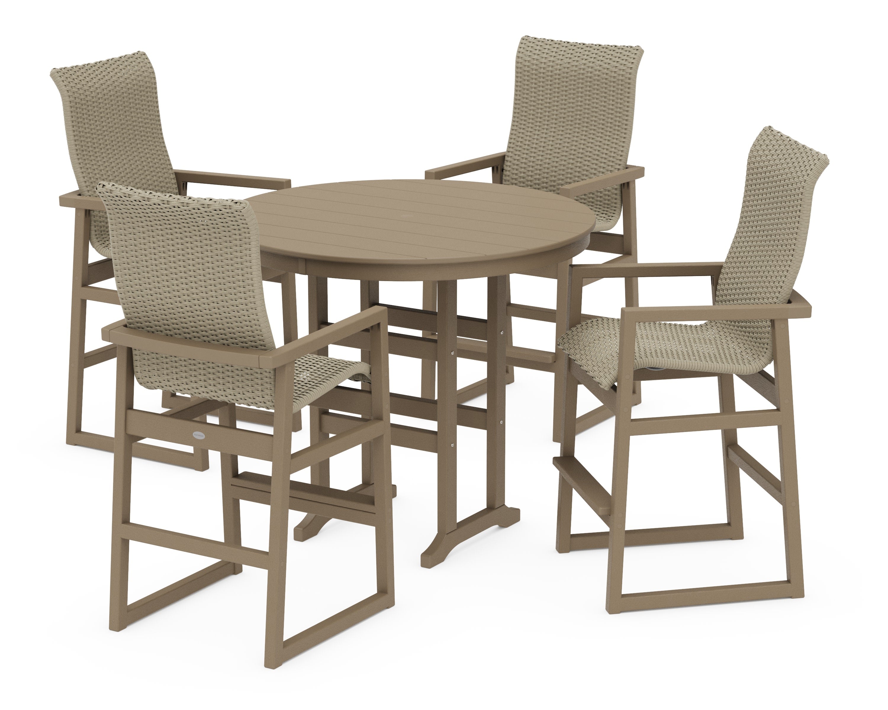 EDGE Woven Highback 5-Piece Round Farmhouse Bar Set in Vintage Sahara / Dune Grass