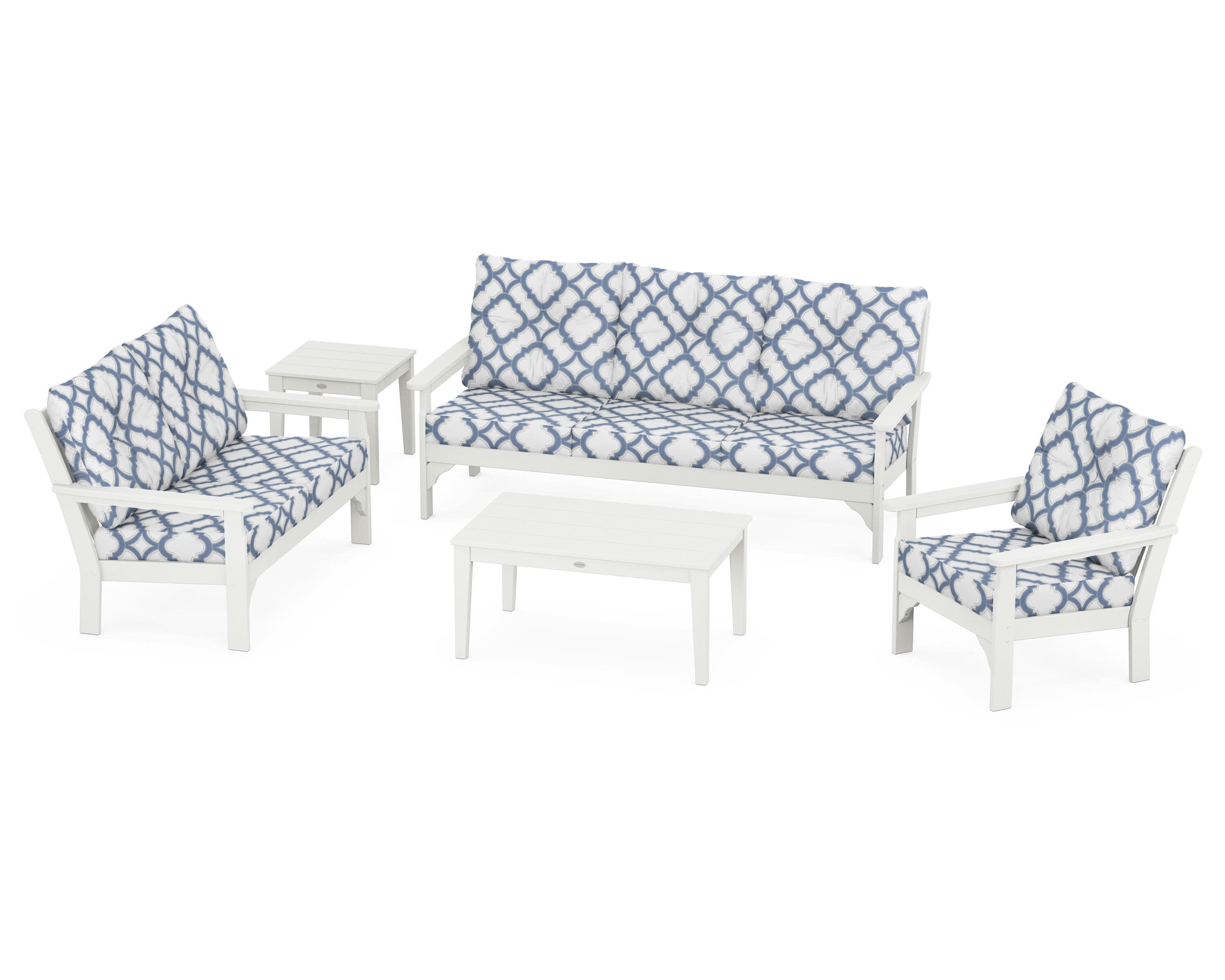 Vineyard 5 Piece Deep Seating Set in Vintage White / Trellis Sky Blue