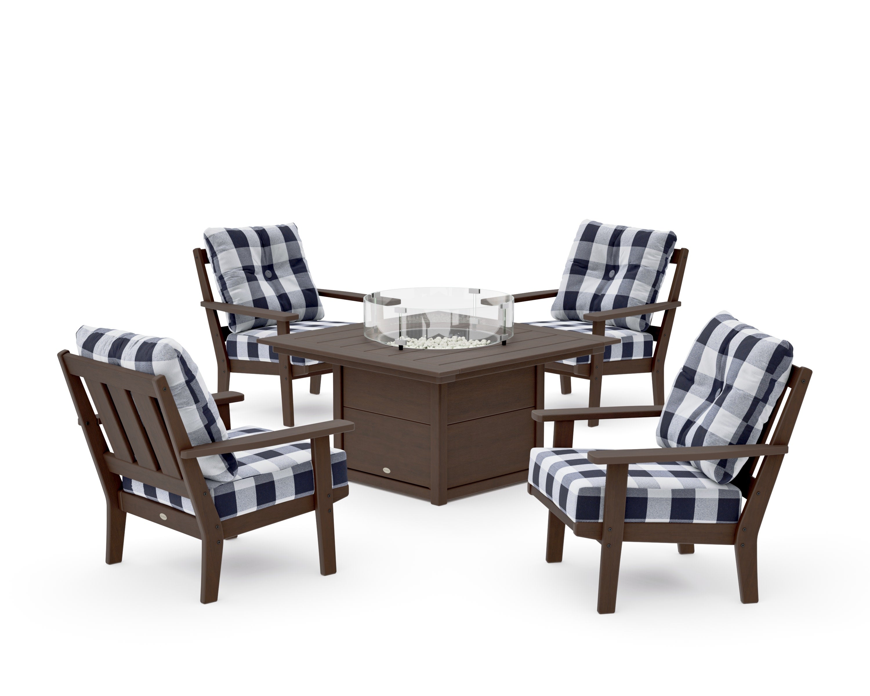 Oxford 5-Piece Deep Seating Set with Fire Pit Table in Kona / Buffalo Plaid Navy