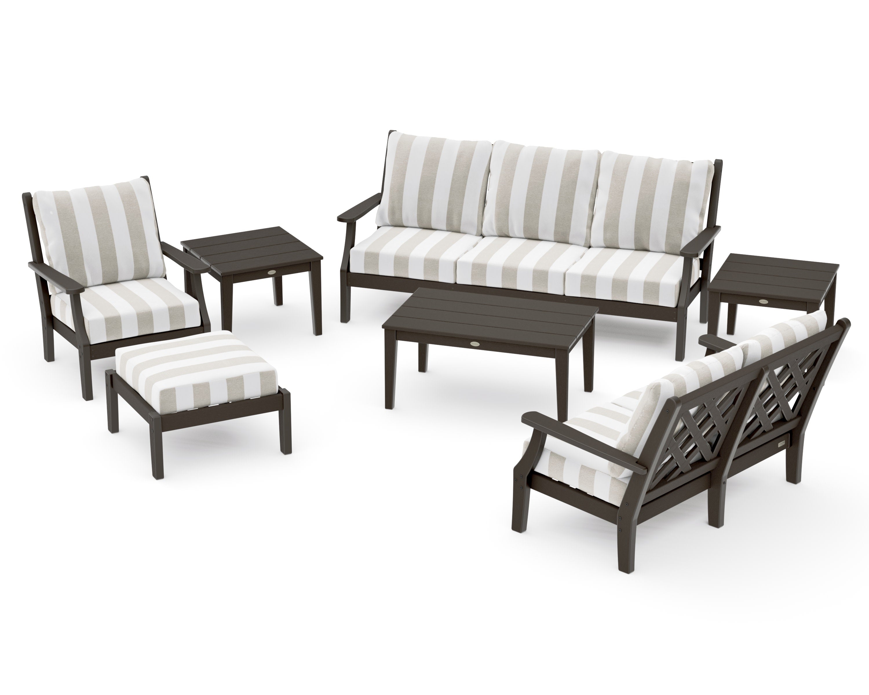 Wovendale 7-Piece Deep Seating Set in Vintage Coffee / Cabana Stripe Dune Burlap