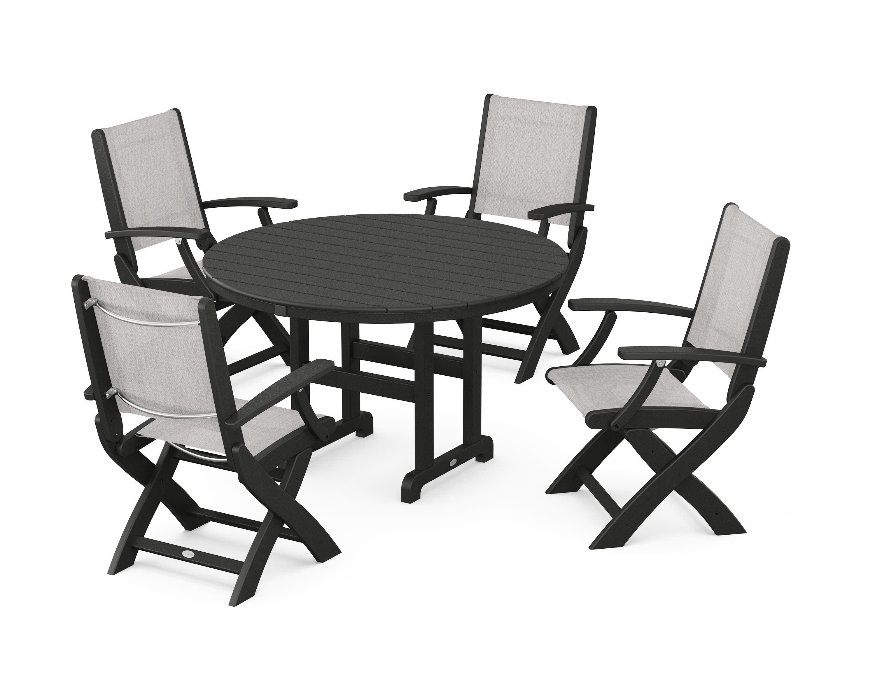 Coastal Folding Chair 5-Piece Round Dining Set in Black / Parchment Sling