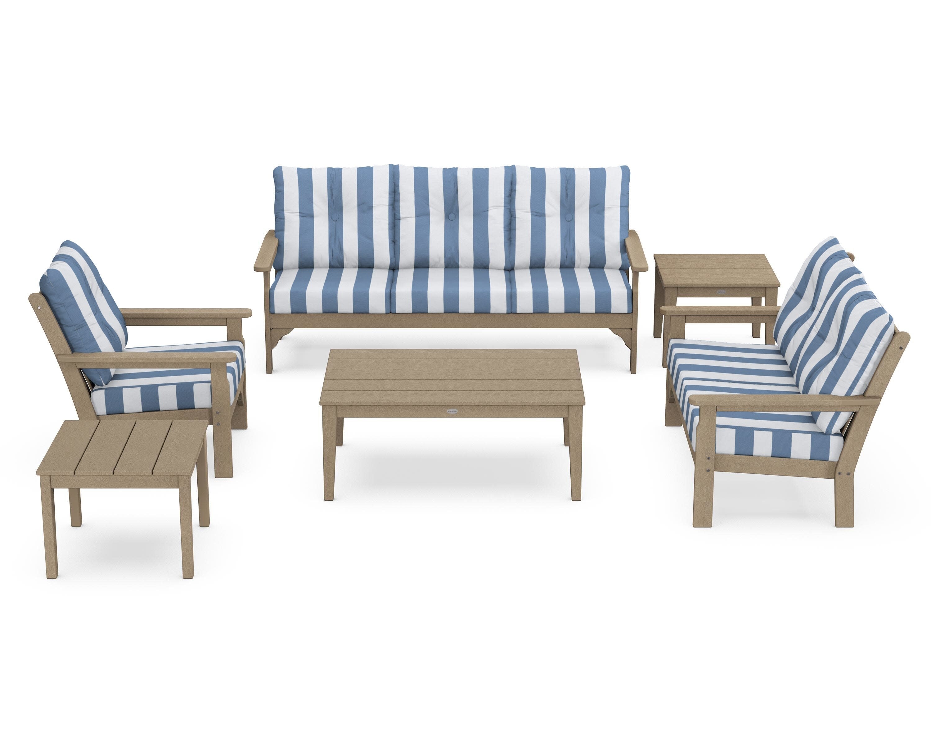 Vineyard 6-Piece Deep Seating Set in Vintage Sahara / Cabana Stripe Sky Blue