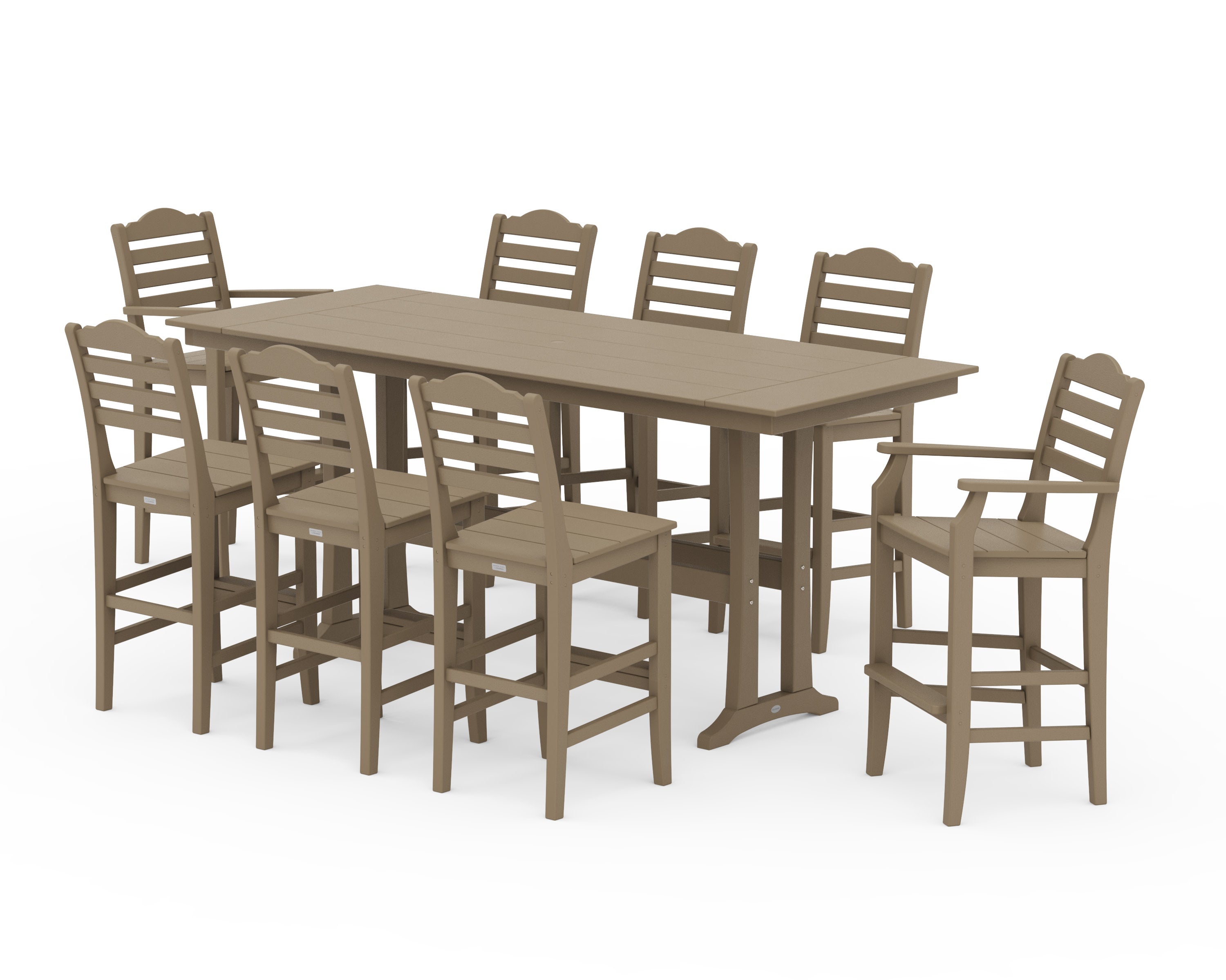 Savannah 9-Piece Farmhouse Bar Set with Trestle Legs in Vintage Sahara