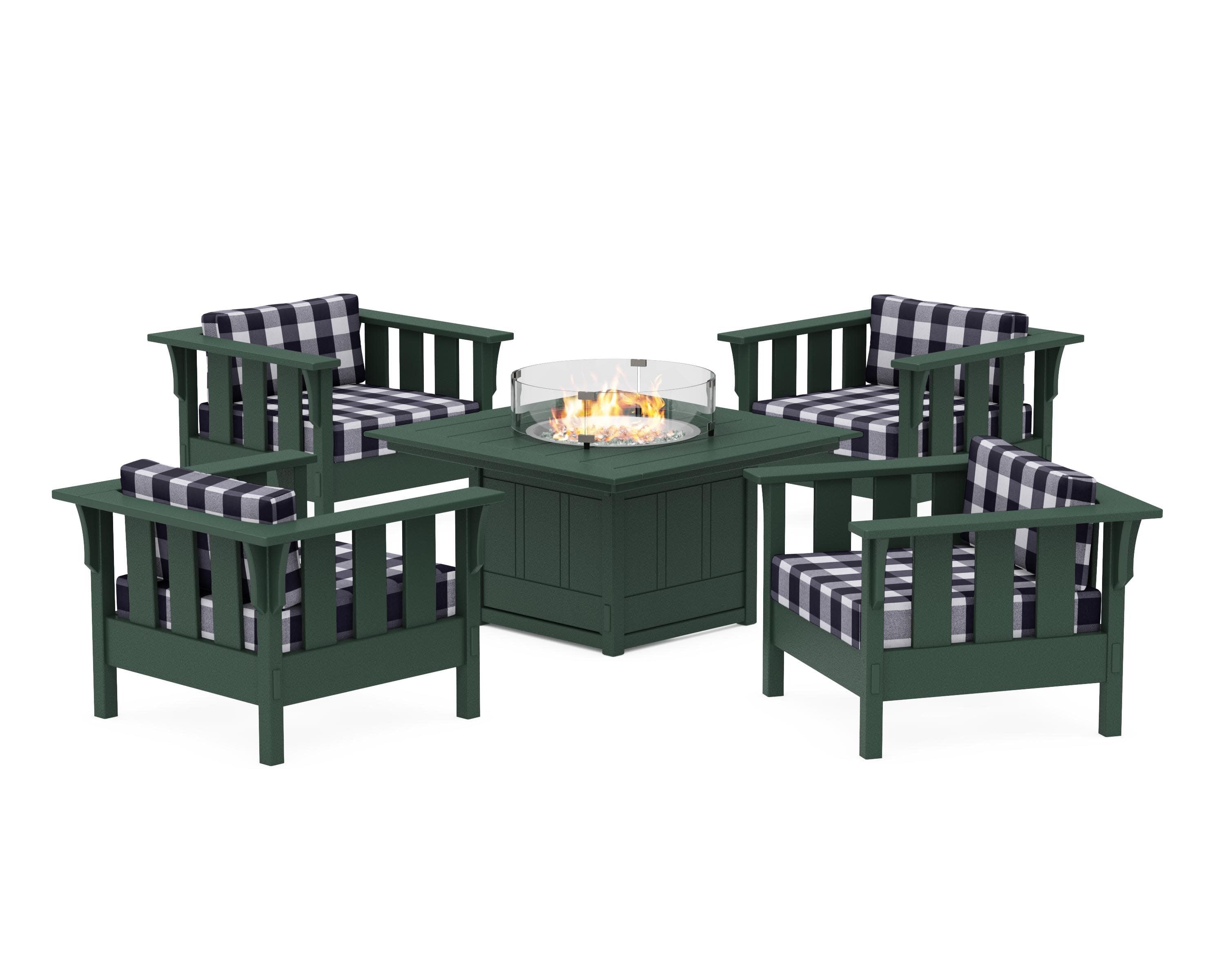 Acadia 5-Piece Deep Seating Set with Fire Pit Table in Green / Buffalo Plaid Navy