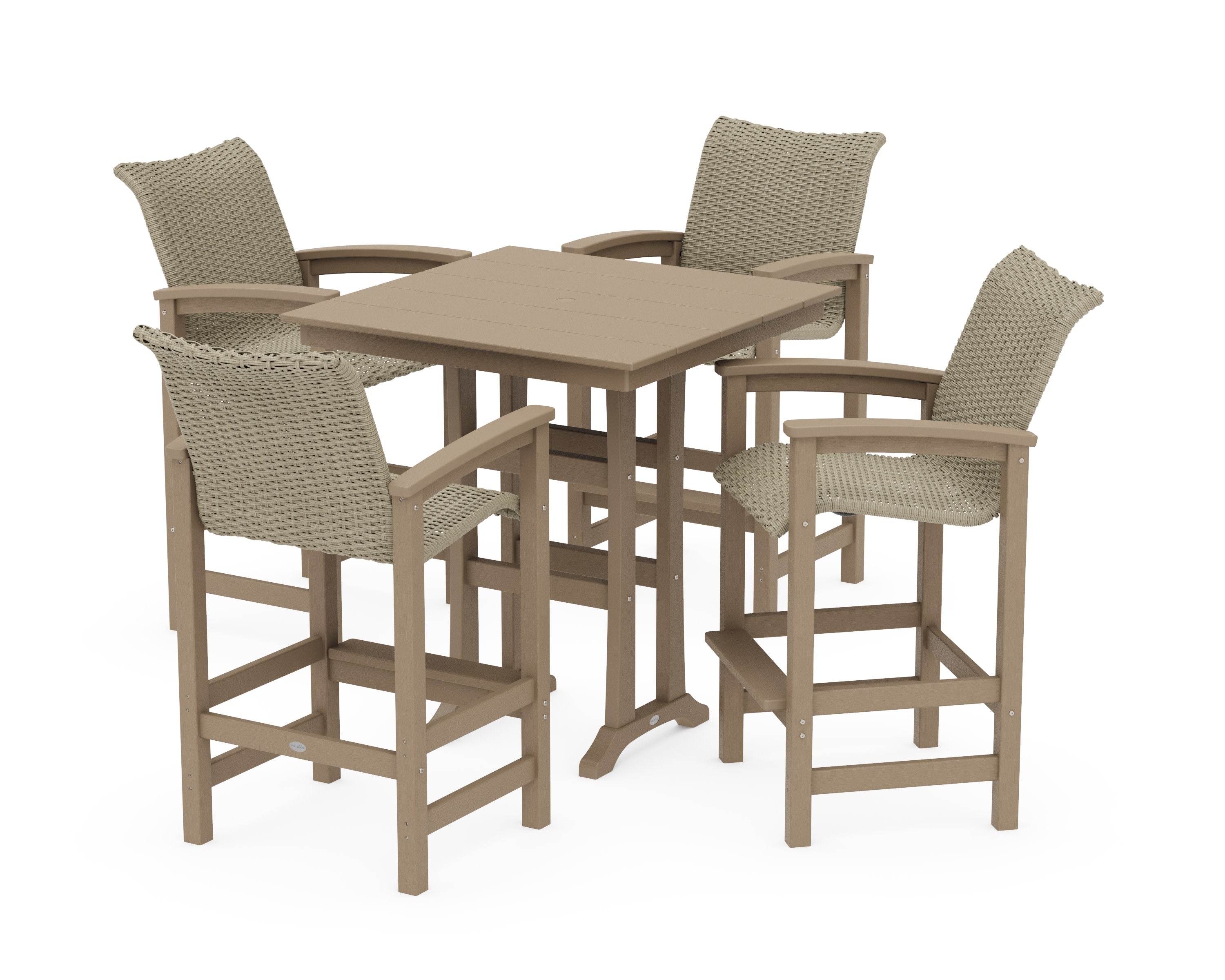 Coastal Woven 5-Piece Farmhouse Bar Set with Trestle Legs in Vintage Sahara / Dune Grass