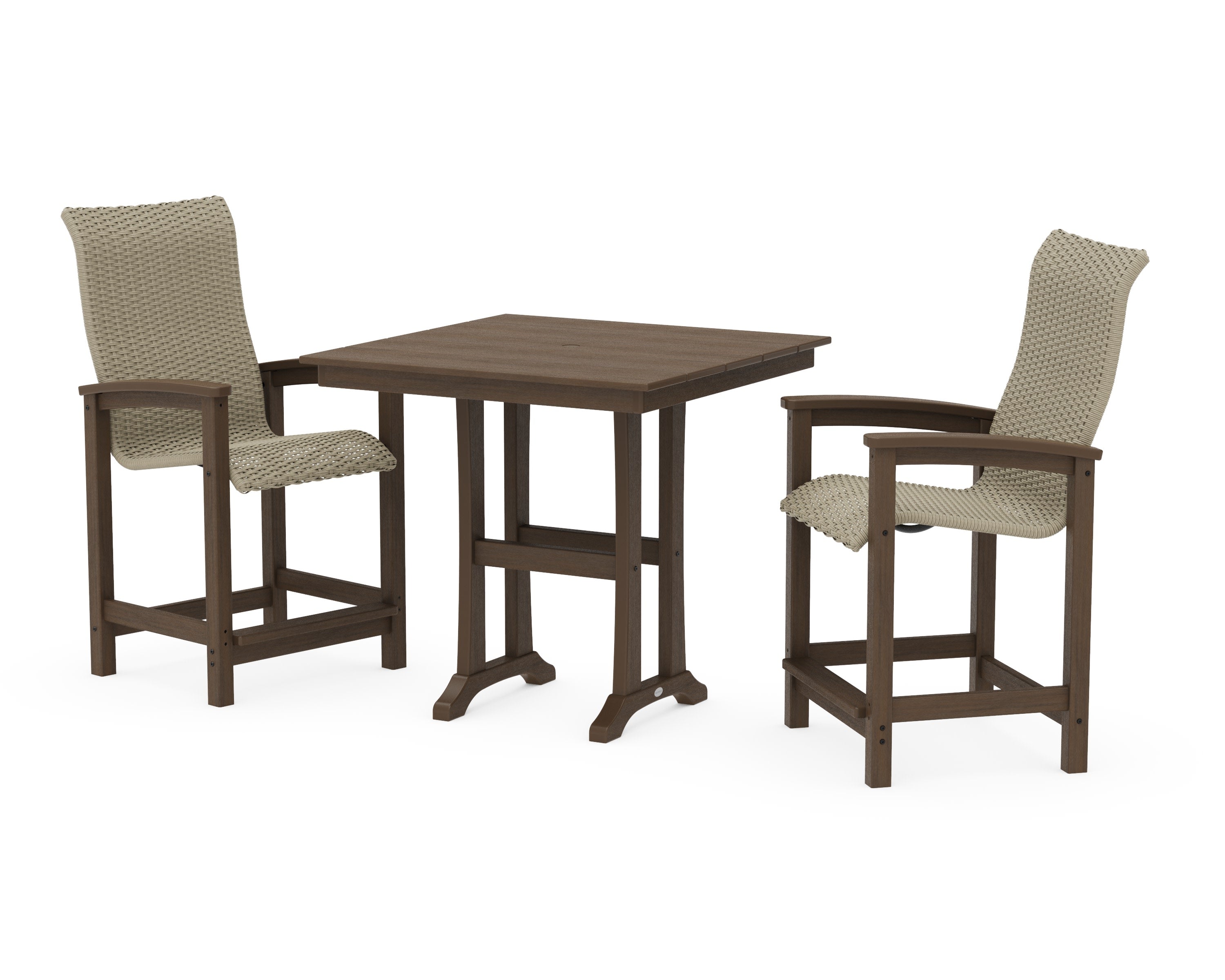Coastal Woven High-Back 3-Piece Farmhouse Counter Set with Trestle Legs in Kona / Dune Grass