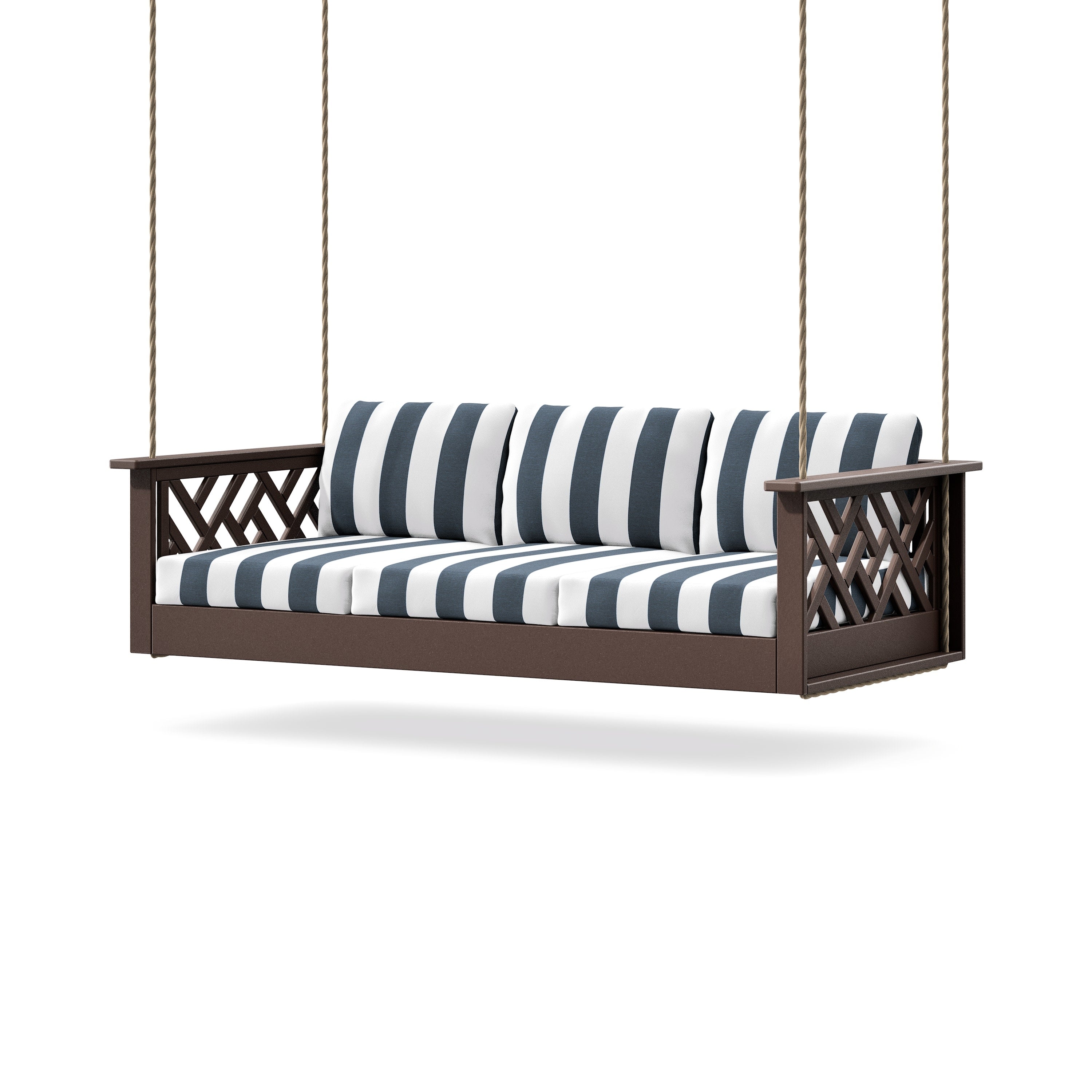 Chippendale Daybed Swing in Mahogany / Cabana Stripe Marine Indigo
