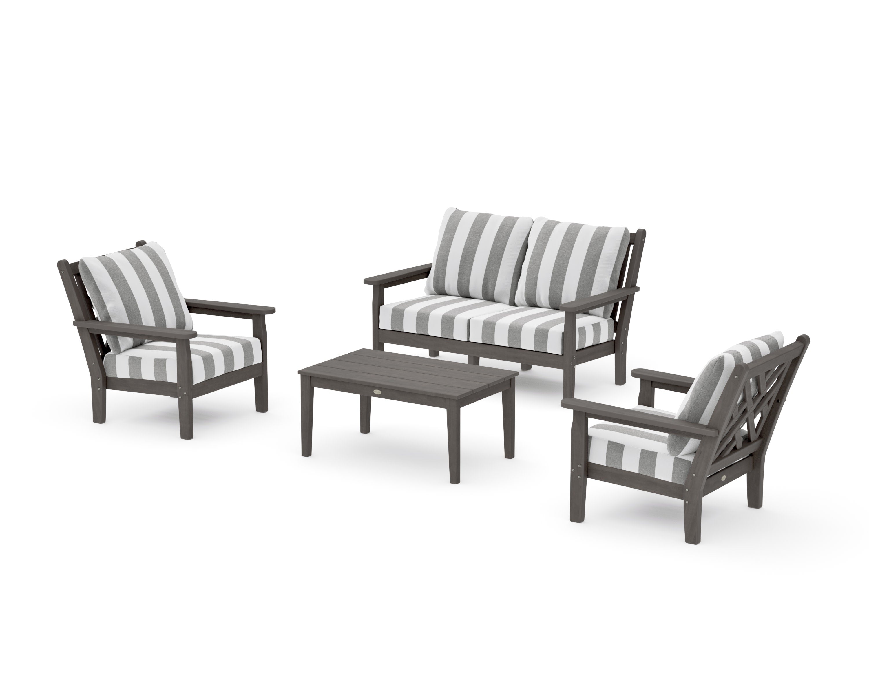 Chippendale 4-Piece Deep Seating Set with Loveseat in Driftwood / Cabana Stripe Grey Mist