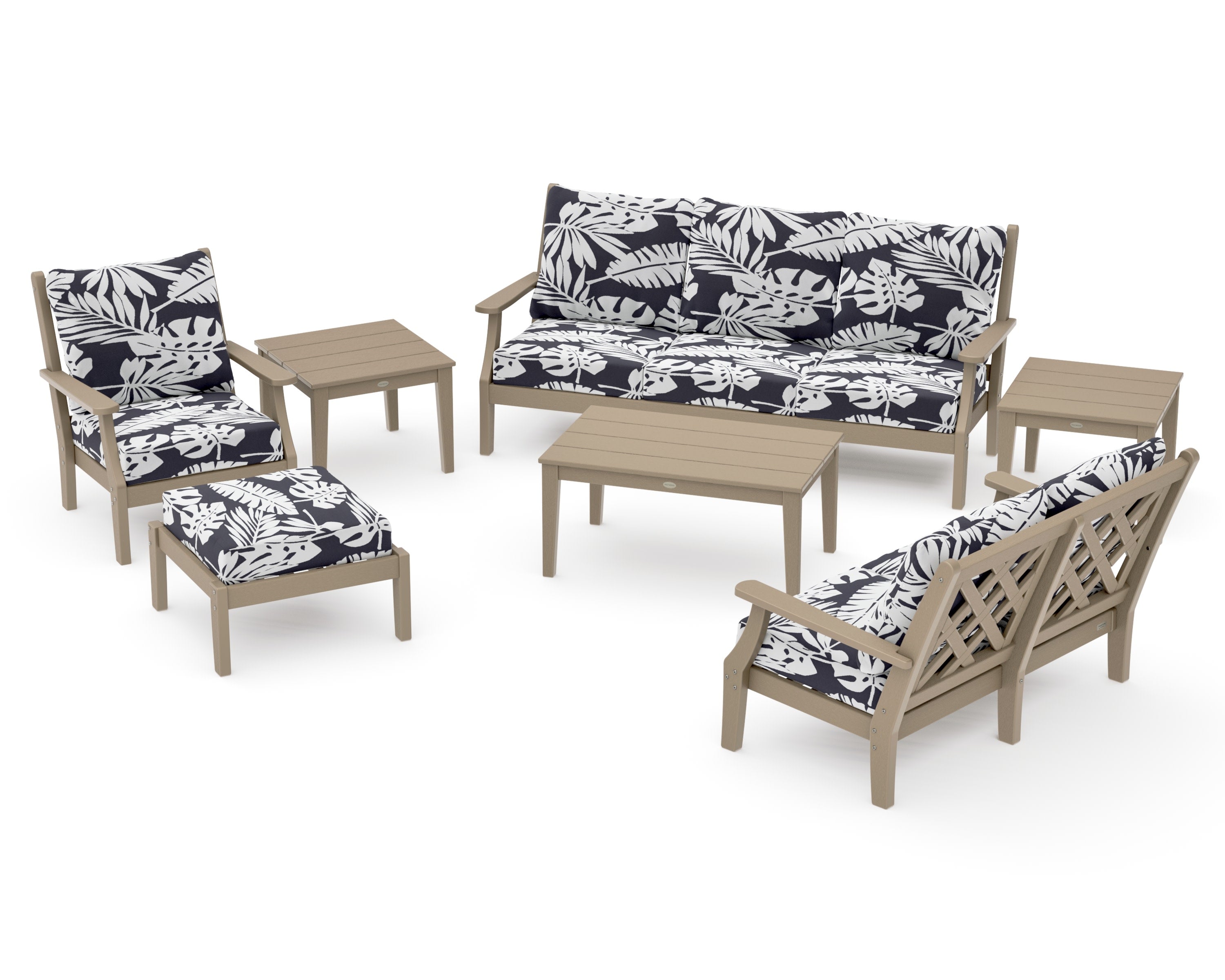 Wovendale 7-Piece Deep Seating Set in Vintage Sahara / Leaf Navy