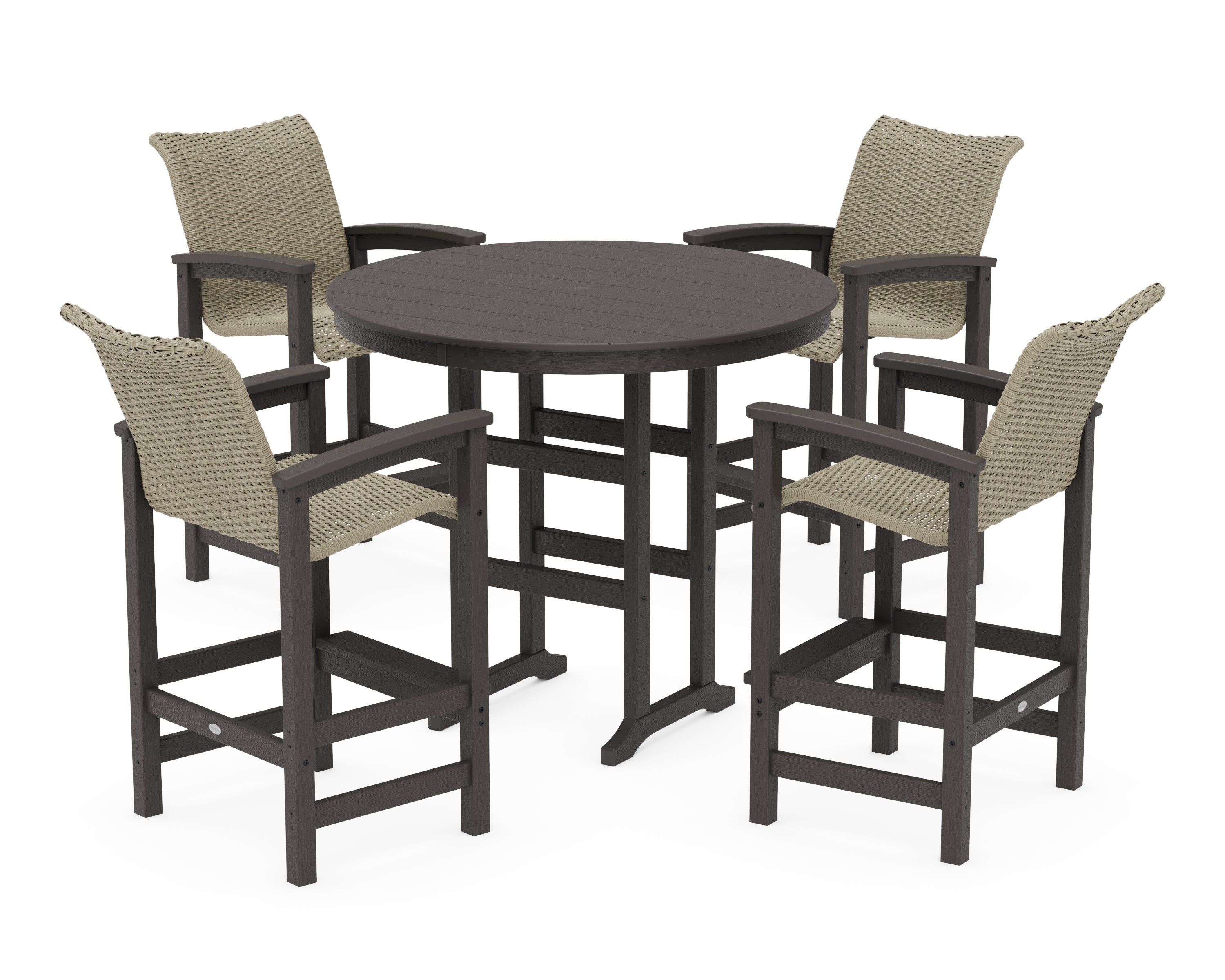 Coastal Woven 5-Piece Round Farmhouse Bar Set in Vintage Coffee / Dune Grass