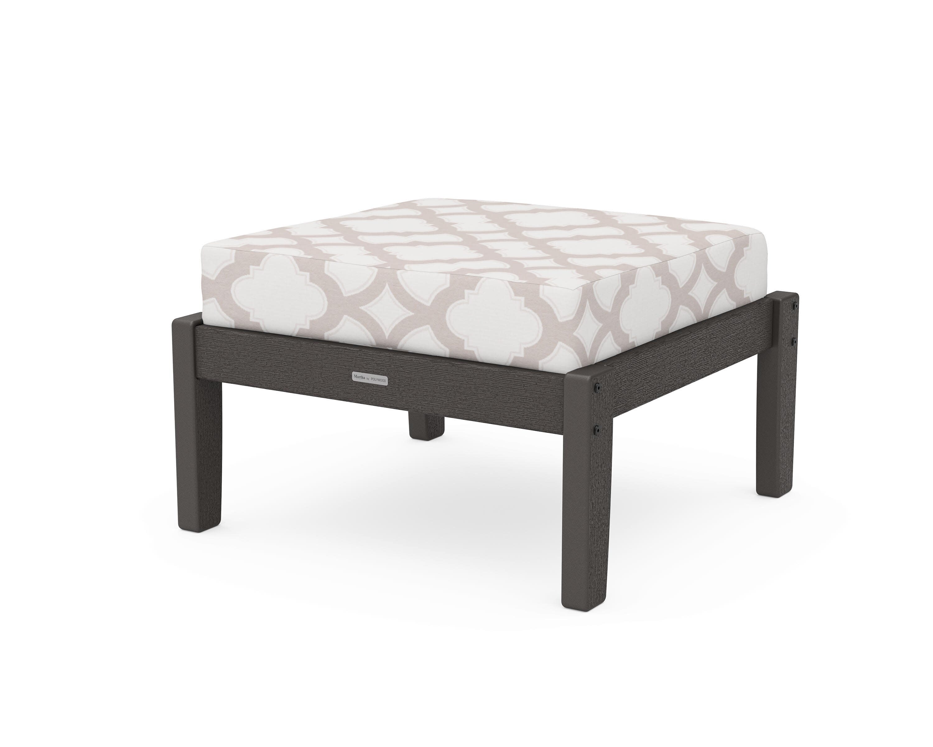 Chinoiserie Deep Seating Ottoman in Vintage Coffee / Trellis Dune Burlap