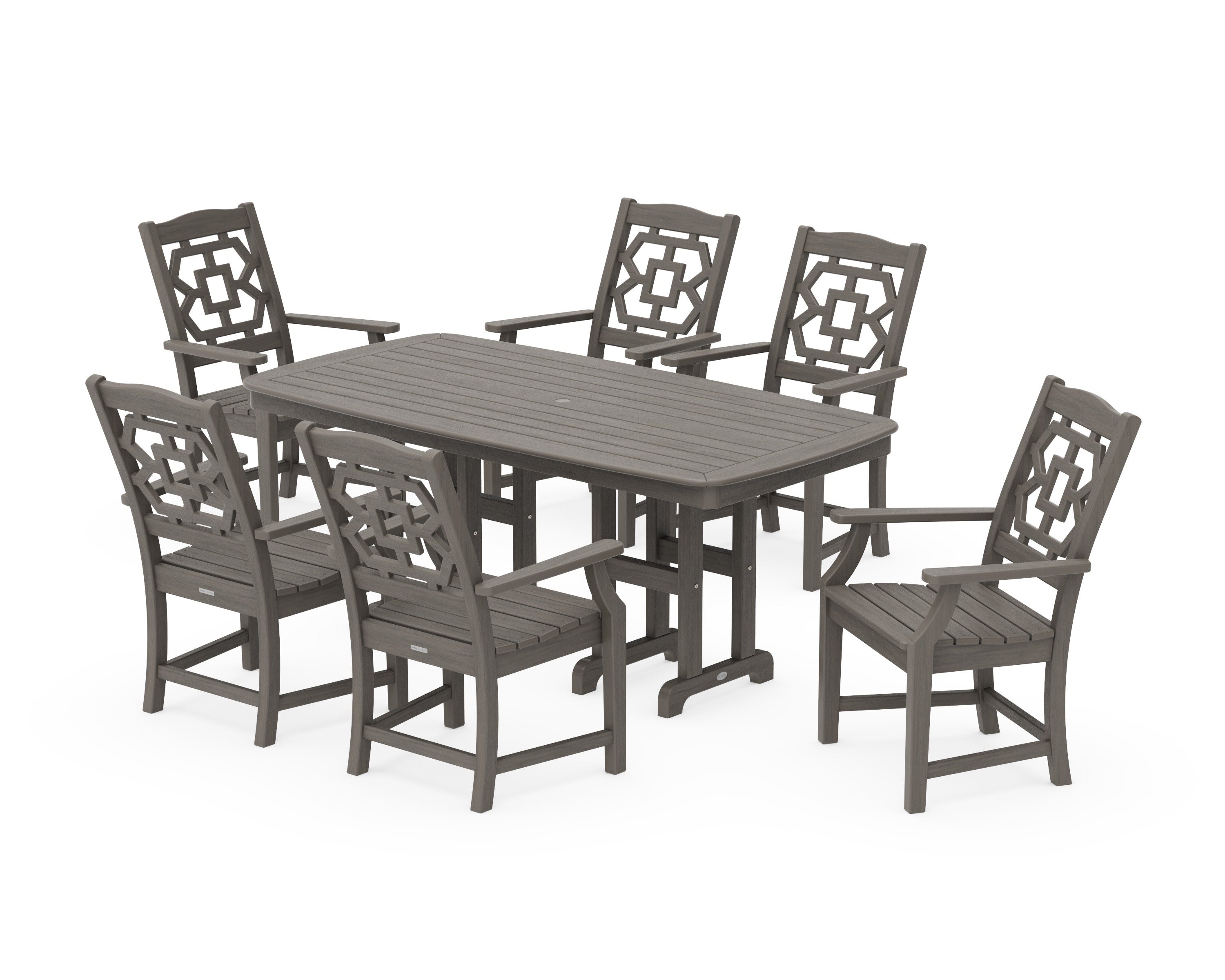 Chinoiserie Arm Chair 7-Piece Dining Set in Driftwood