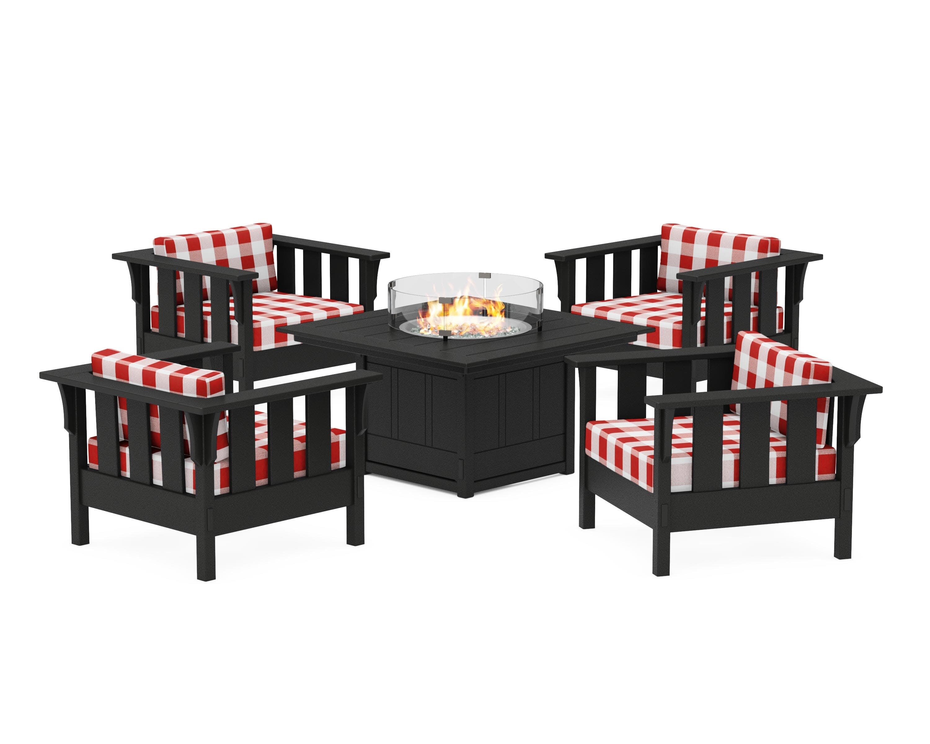 Acadia 5-Piece Deep Seating Set with Fire Pit Table in Black / Buffalo Plaid Crimson