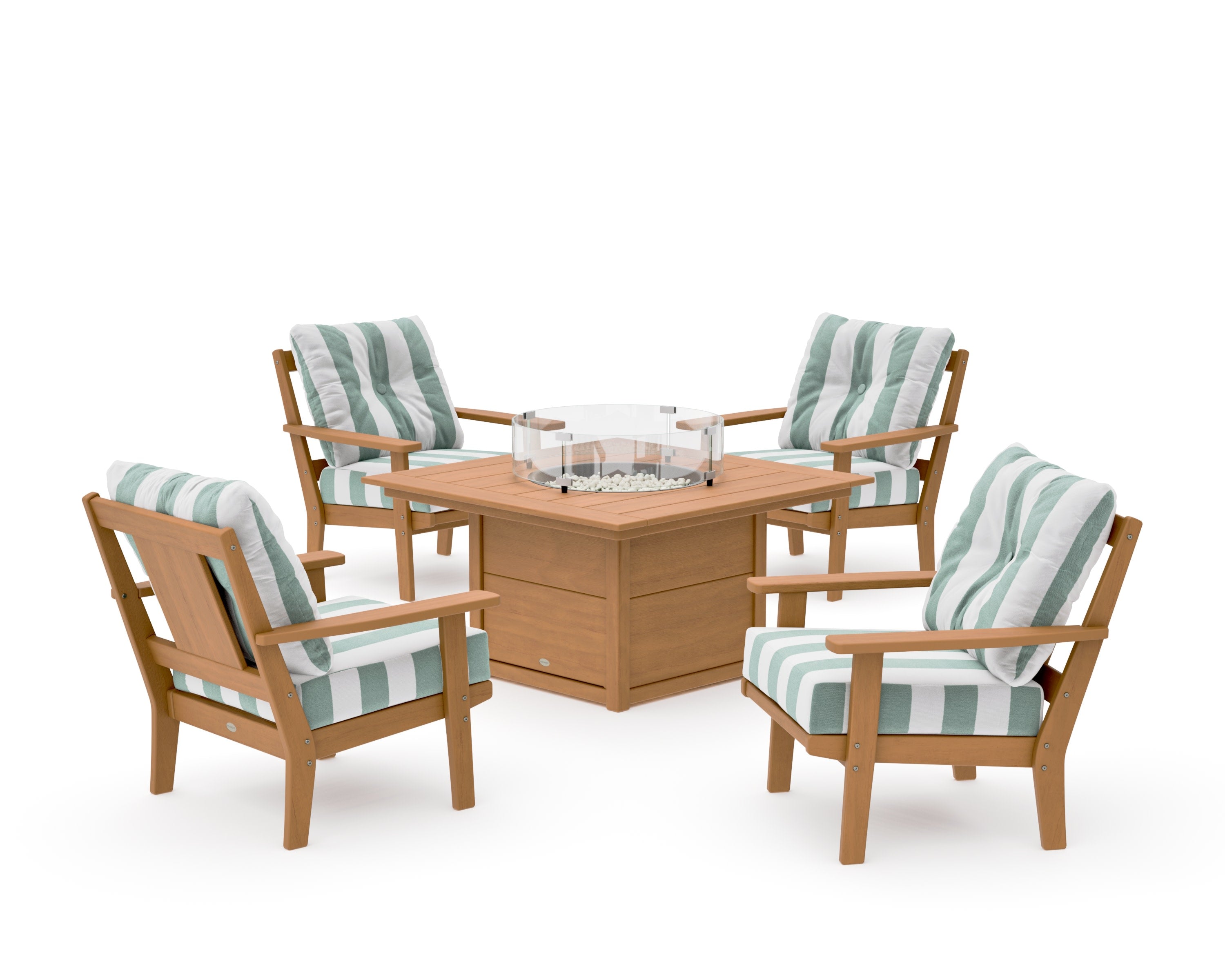 Prairie 5-Piece Deep Seating Set with Fire Pit Table in Natural / Cabana Stripe Glacier Spa