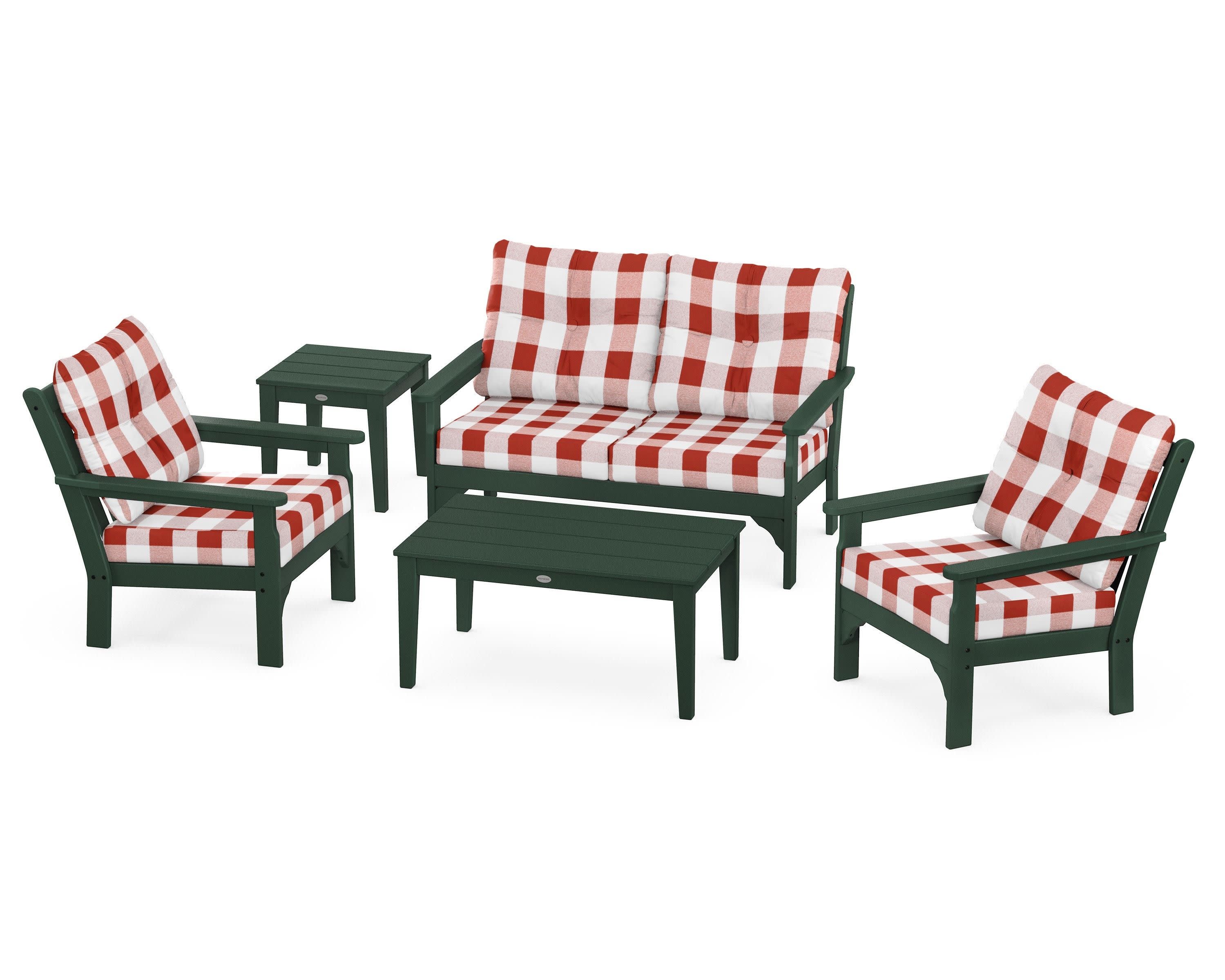 Vineyard 5-Piece Deep Seating Set in Green / Buffalo Plaid Crimson