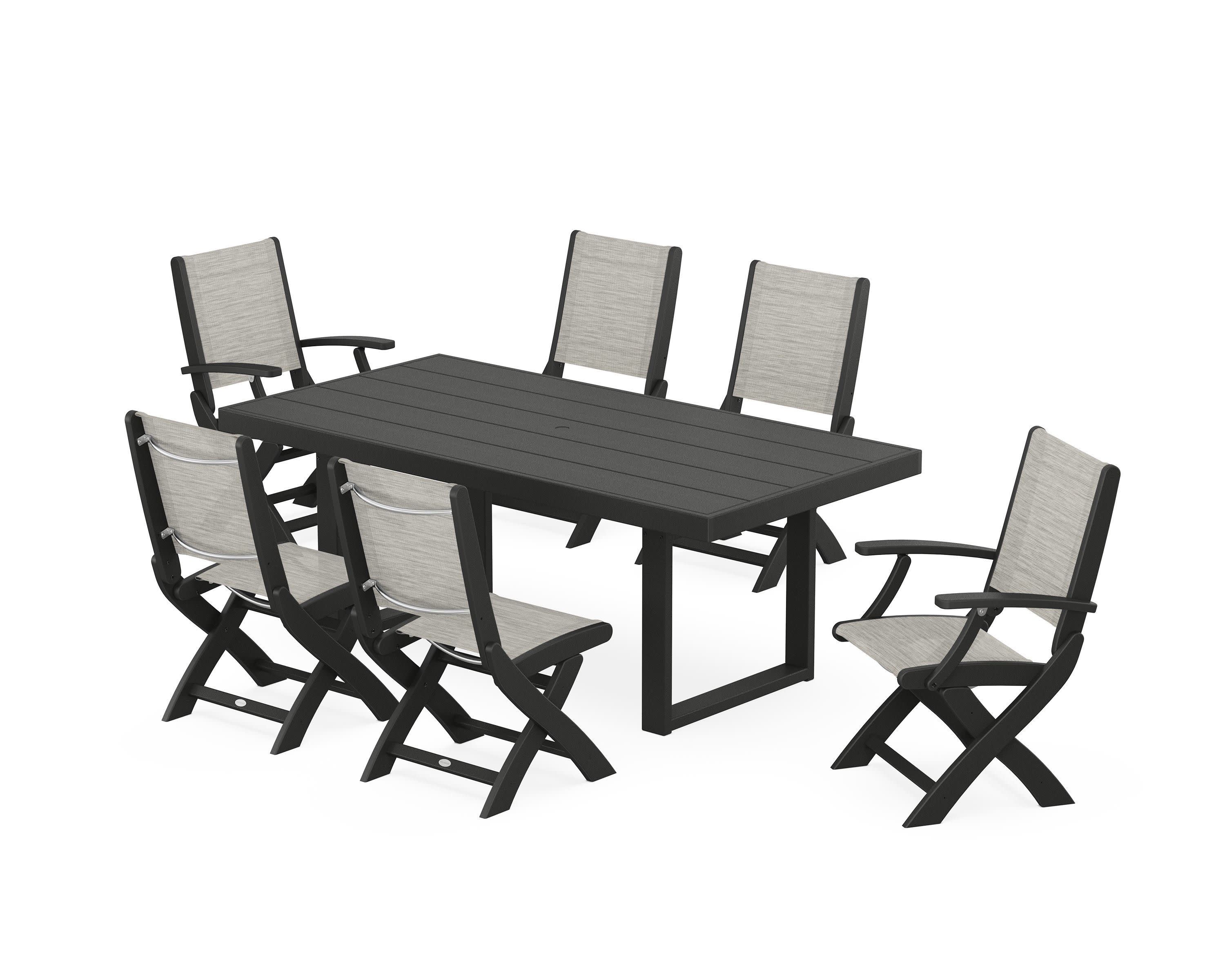 Coastal Folding Chair 7-Piece Dining Set with Trestle Legs in Black / Birch Sling