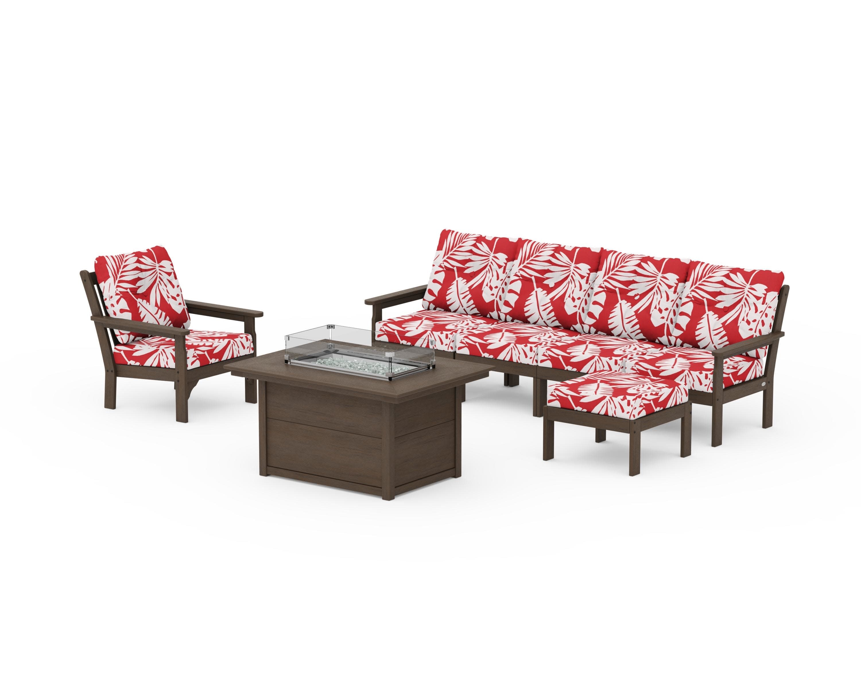 Vineyard Sectional Lounge and Fire Pit Set in Kona / Leaf Crimson