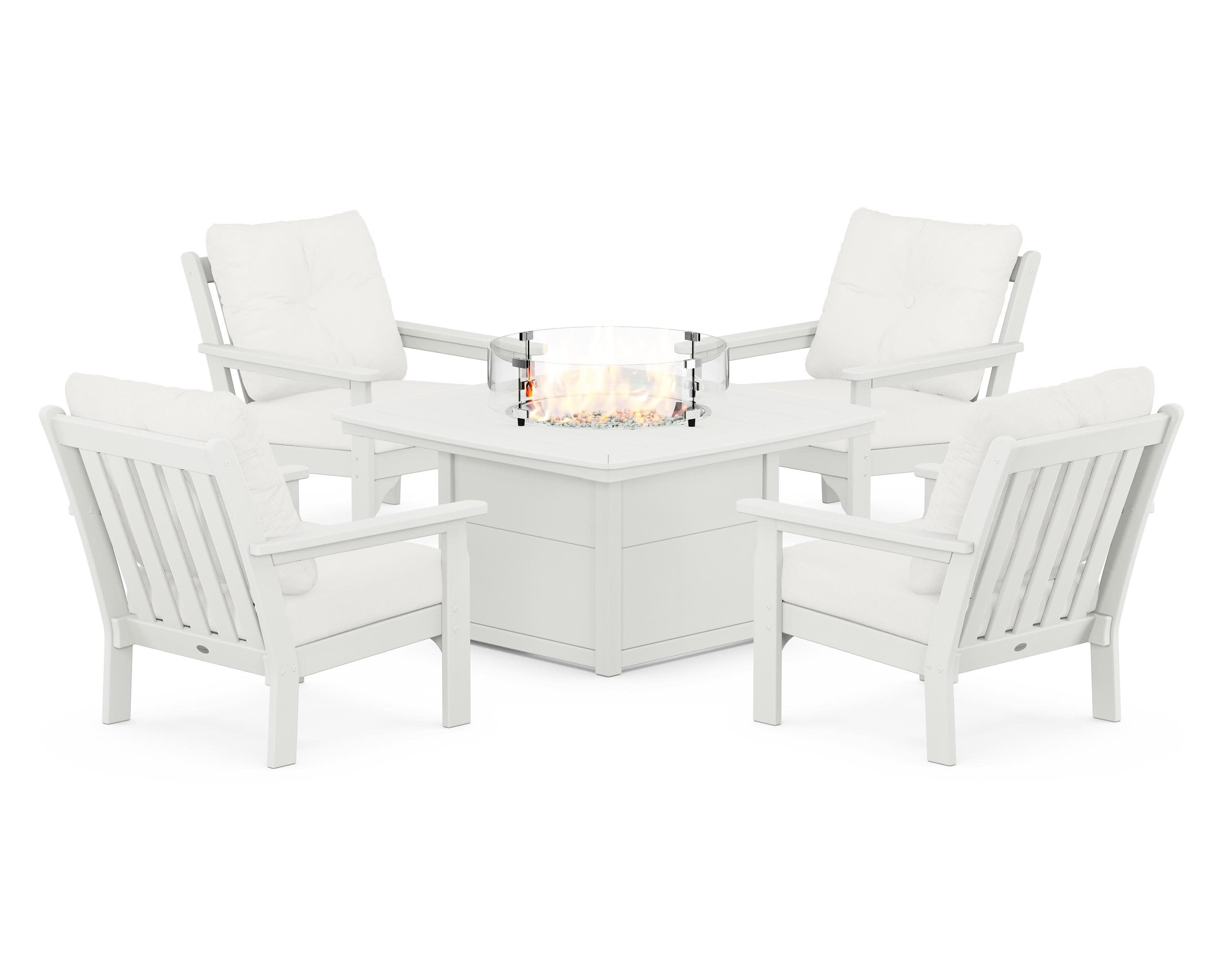 Vineyard 5-Piece Conversation Set with Fire Pit Table in Vintage White / Natural Linen
