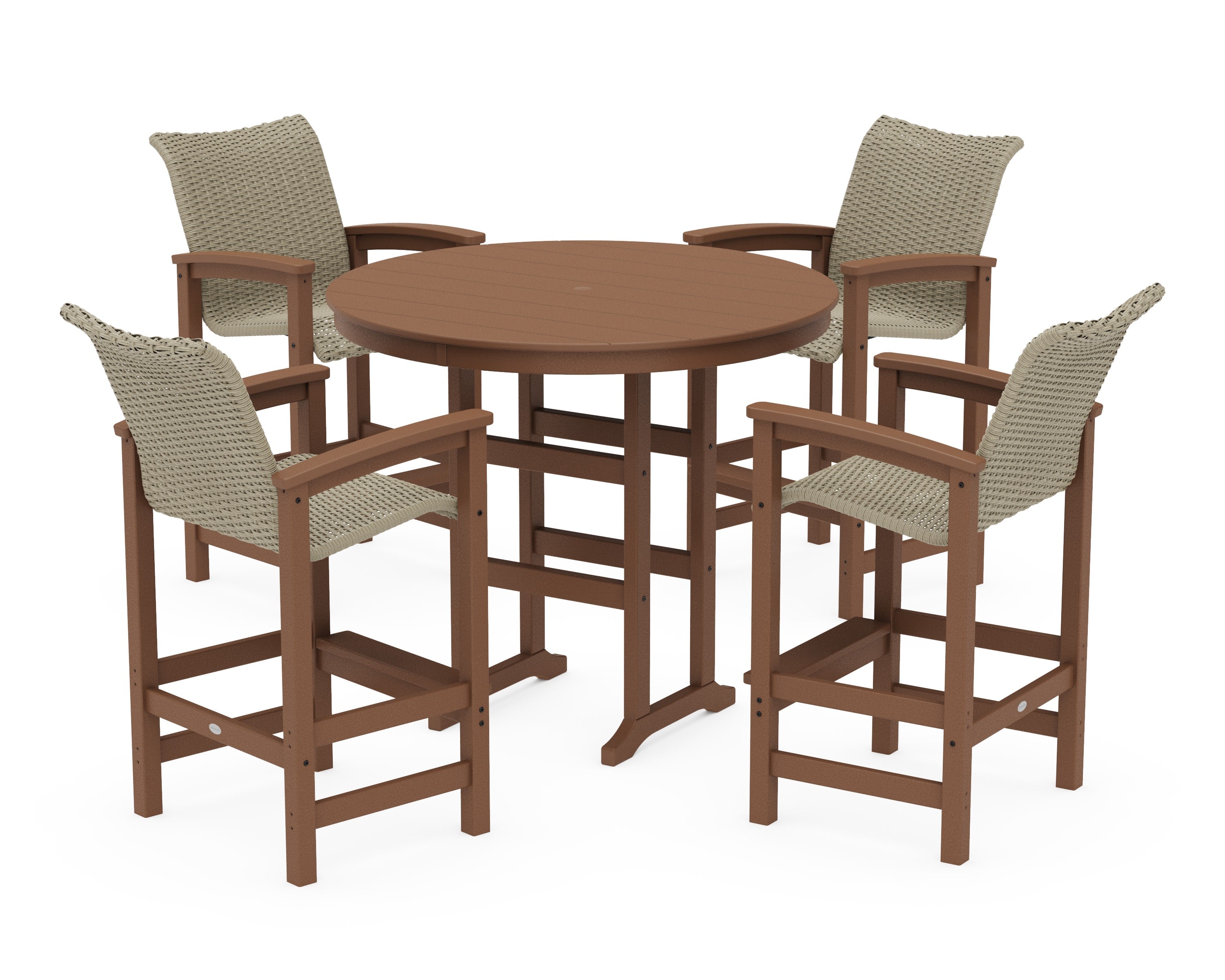 Coastal Woven 5-Piece Round Farmhouse Bar Set in Teak / Dune Grass