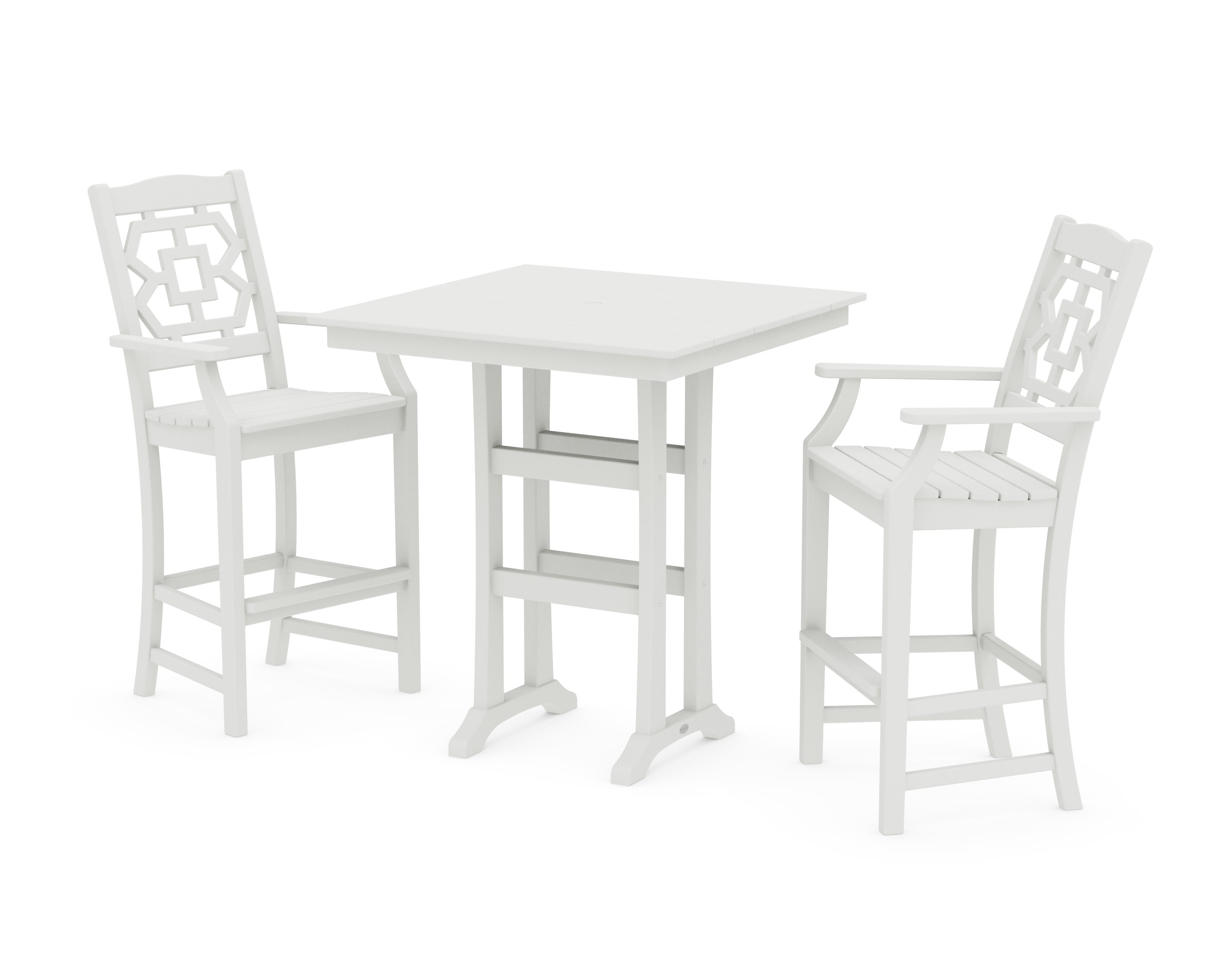 Chinoiserie 3-Piece Farmhouse Bar Set with Trestle Legs in Vintage White