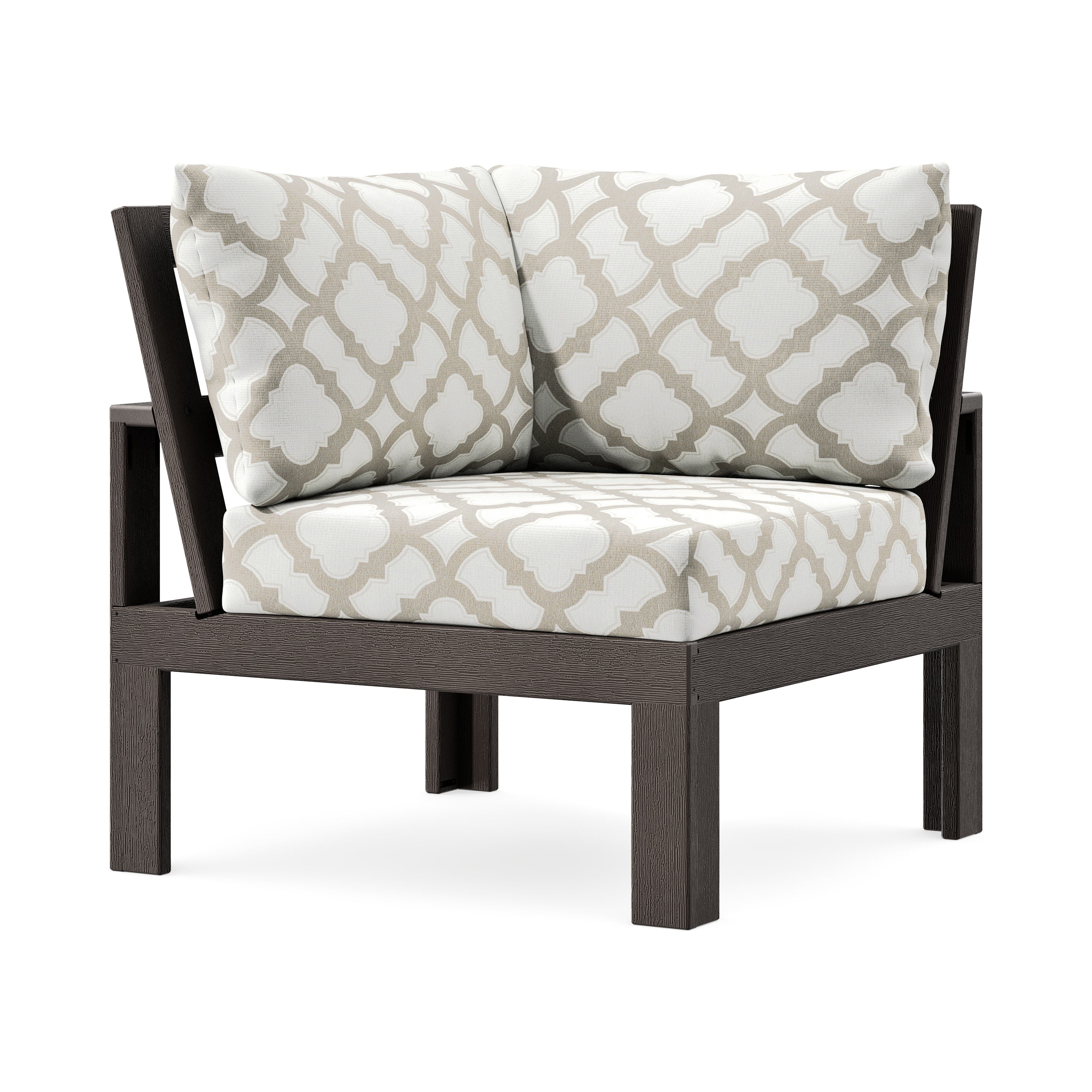 Modular Corner Chair in Vintage Coffee / Trellis Dune Burlap