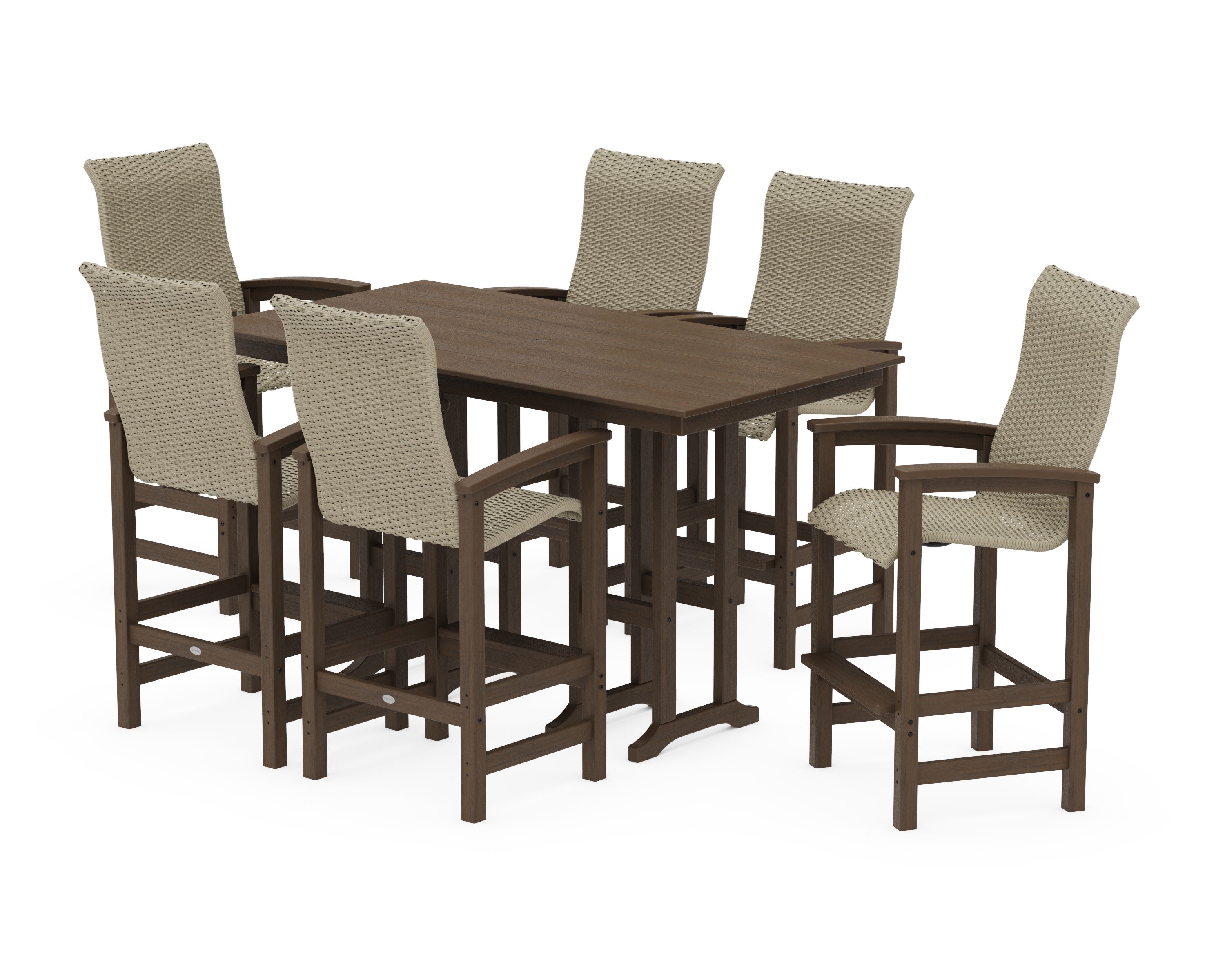 Coastal Woven High-Back Arm Chair 7-Piece Farmhouse Bar Set in Kona / Dune Grass