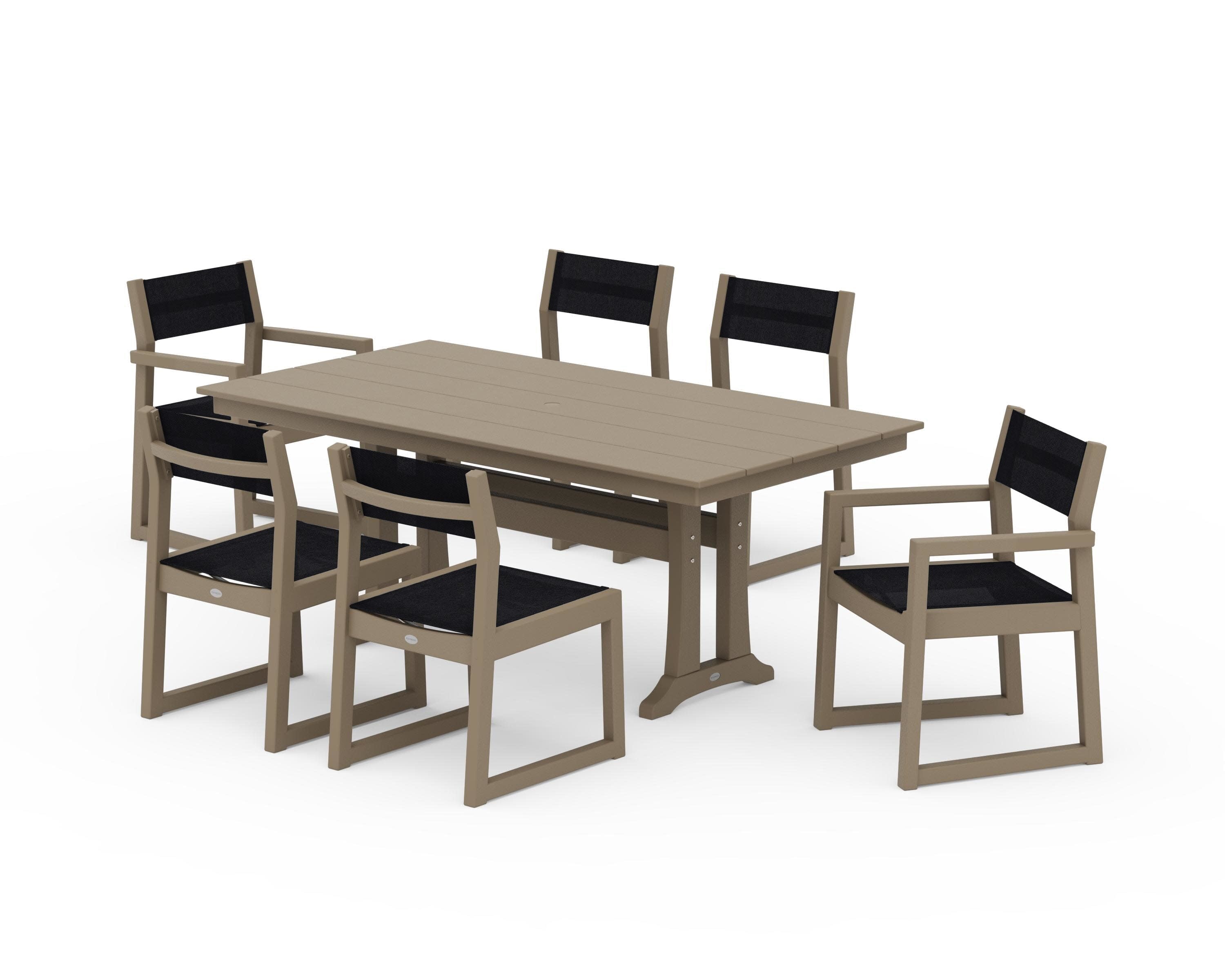 EDGE Sling 7-Piece Farmhouse Trestle Dining Set in Vintage Sahara / Black Sling