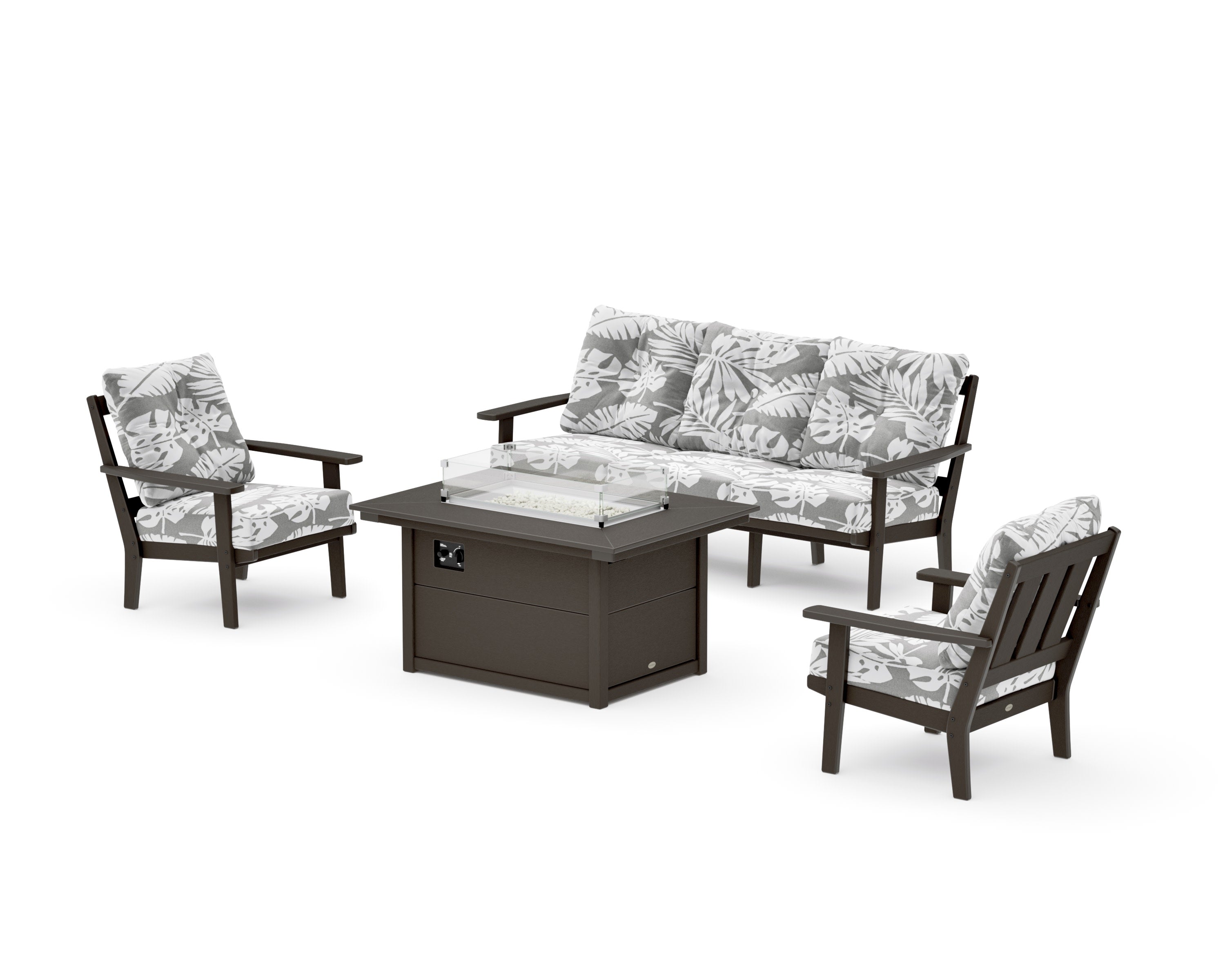 Oxford Deep Seating Fire Pit Table Set in Vintage Coffee / Leaf Grey Mist