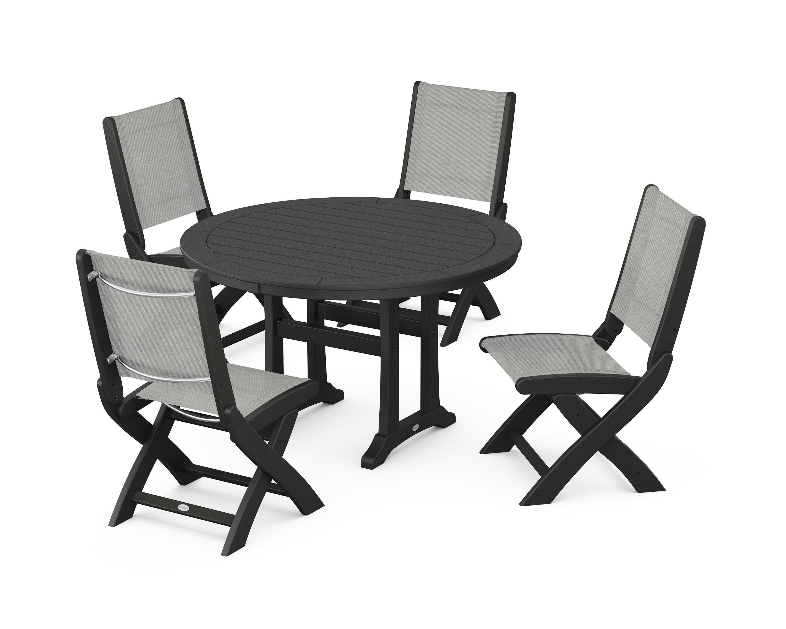 Coastal Folding Side Chair 5-Piece Round Dining Set With Trestle Legs in Black / Metallic Sling