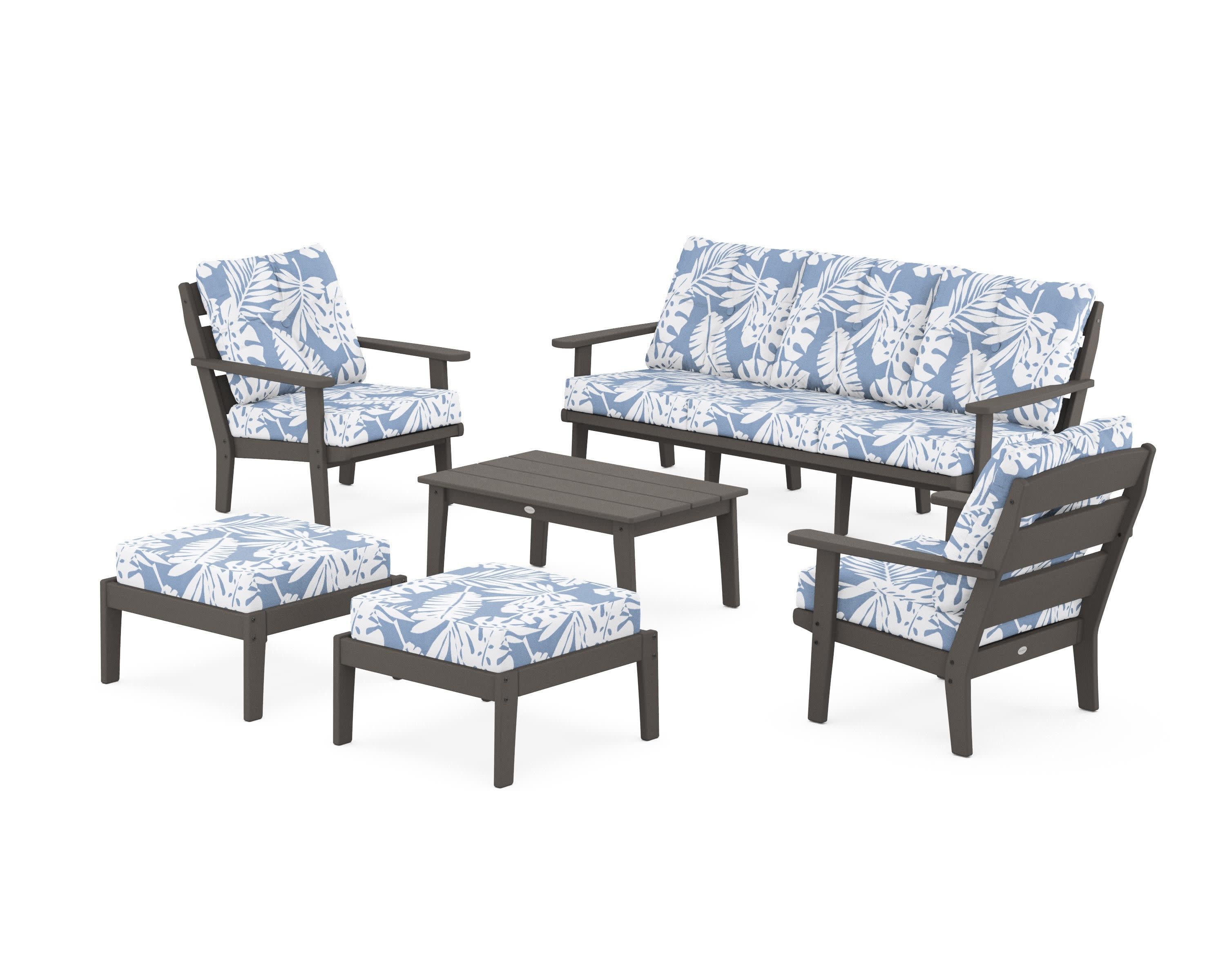 Lakeside 6-Piece Lounge Sofa Set in Vintage Coffee / Leaf Sky Blue