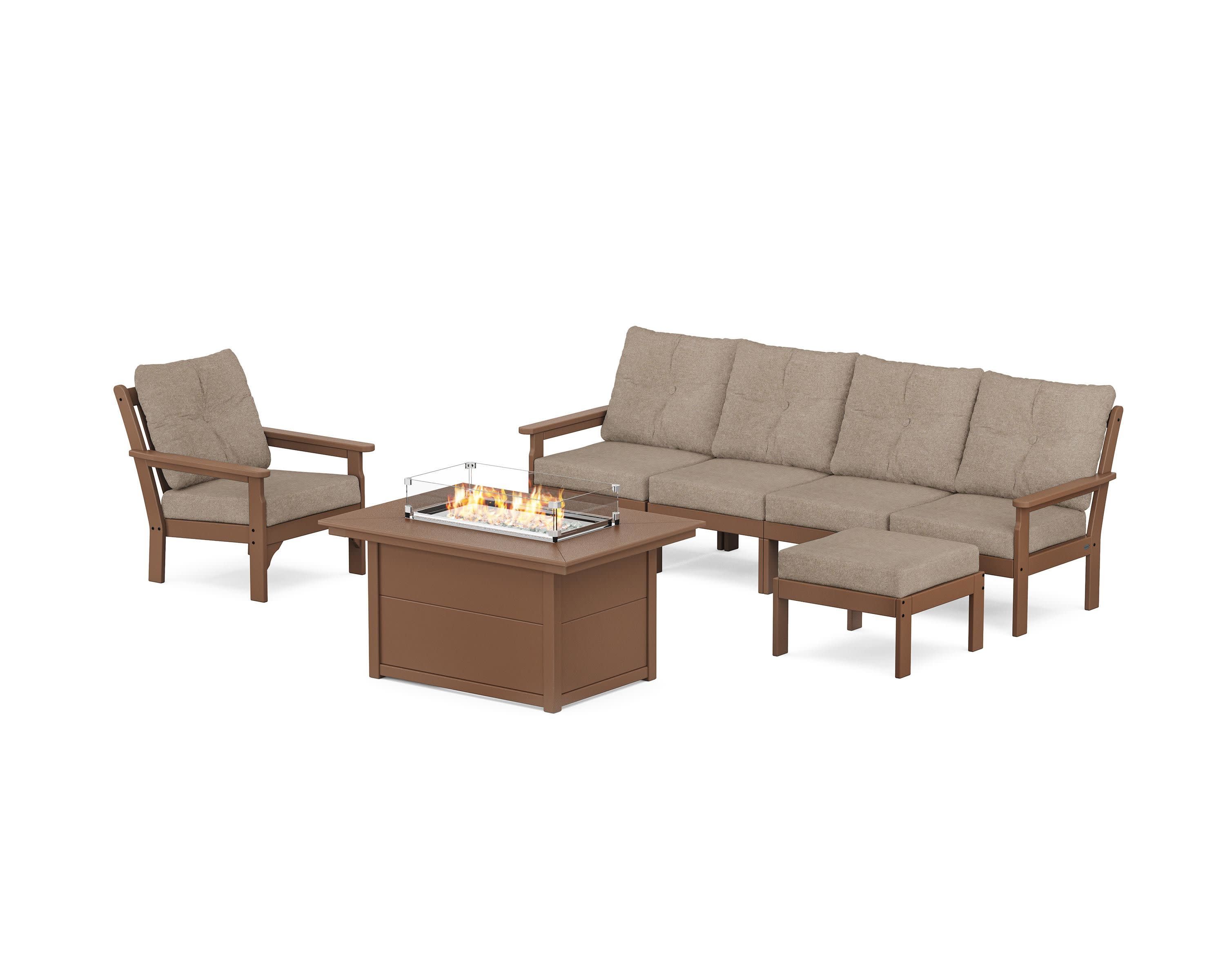 Vineyard Sectional Lounge and Fire Pit Set in Teak / Spiced Burlap
