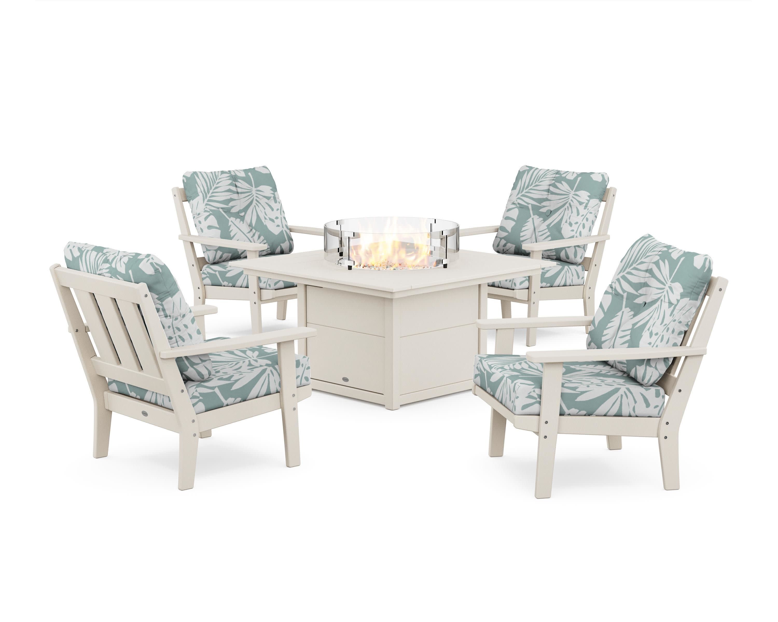 Oxford 5-Piece Deep Seating Set with Fire Pit Table in Sand / Leaf Glacier Spa