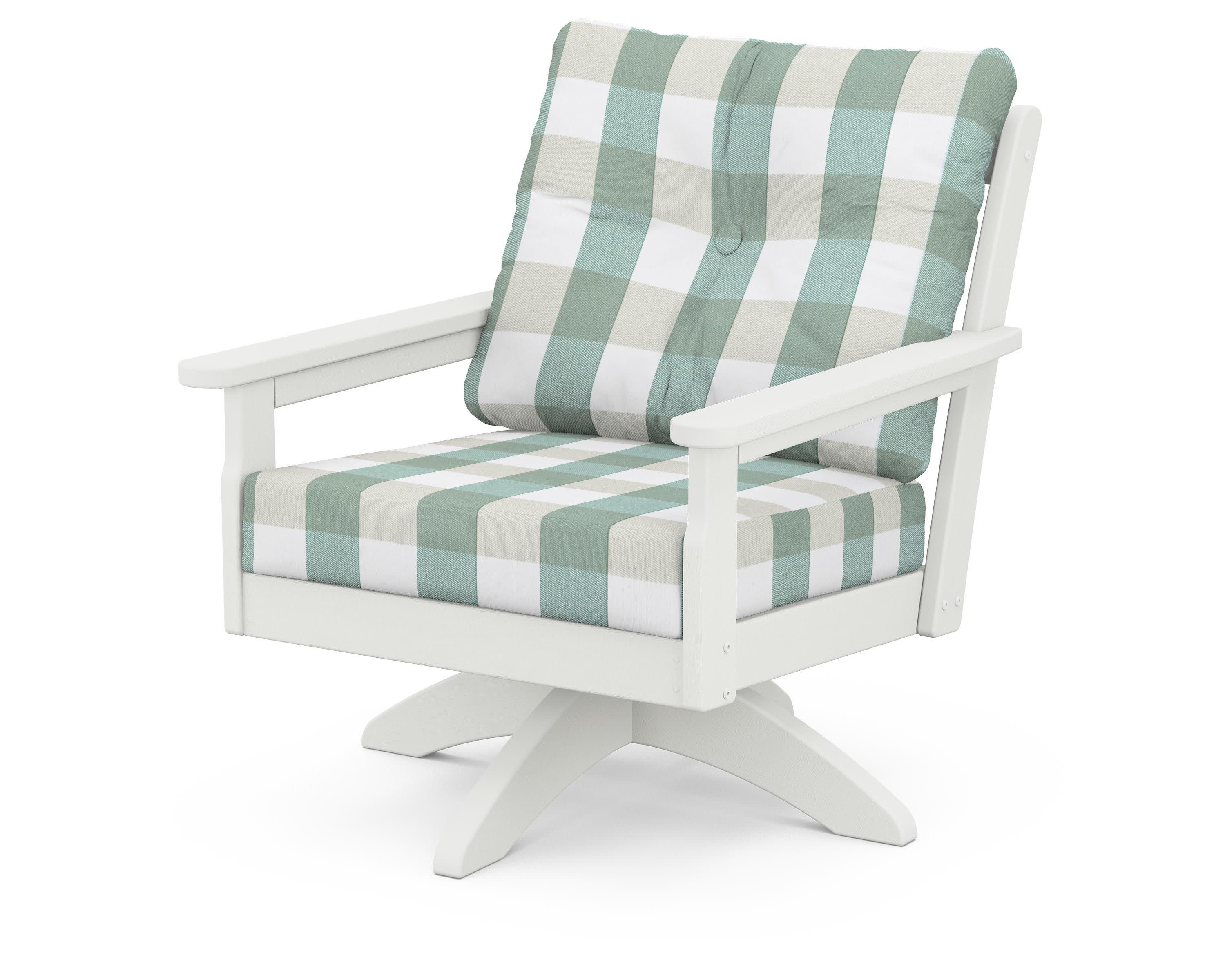 Vineyard Deep Seating Swivel Chair in Vintage White / Buffalo Plaid Glacier Spa