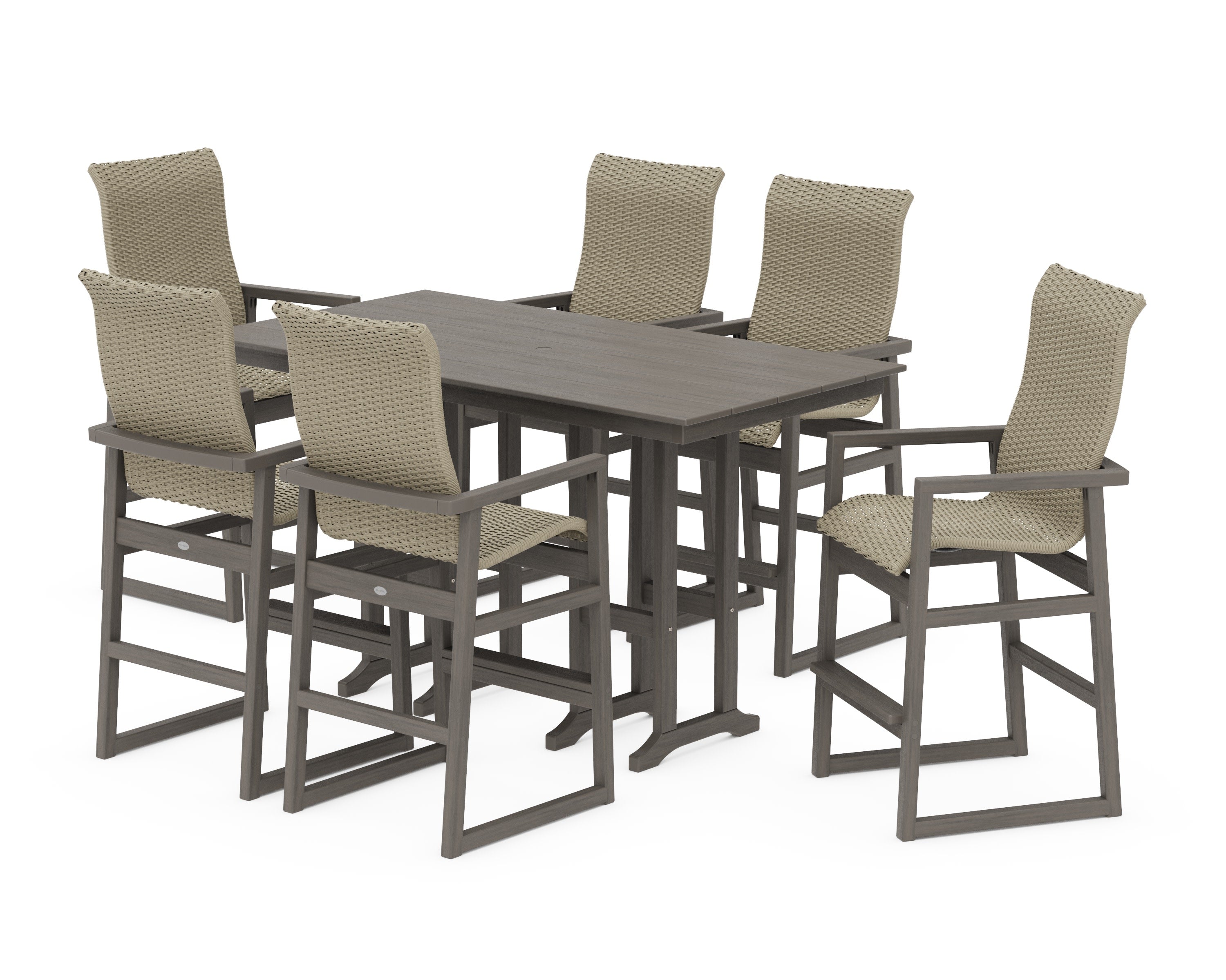 EDGE Woven Highback Arm Chair 7-Piece Farmhouse Bar Set in Driftwood / Dune Grass