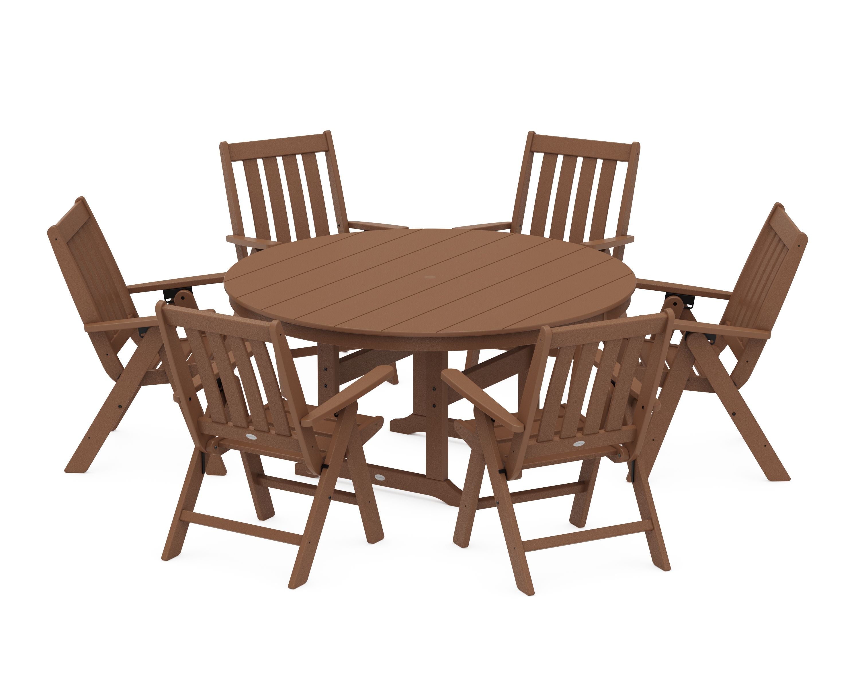 Vineyard 7-Piece Folding Chair Round Farmhouse Dining Set in Teak