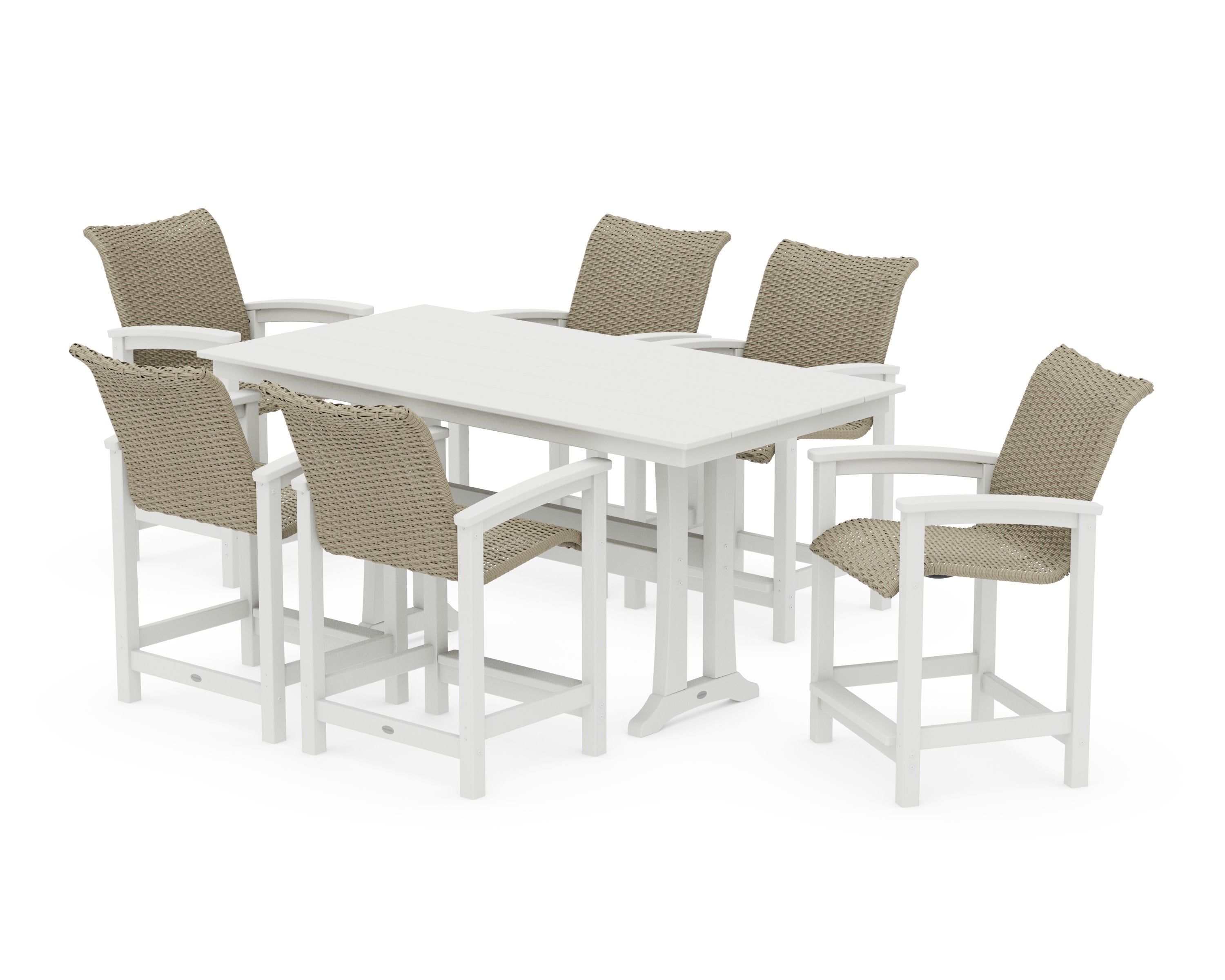 Coastal Woven Arm Chair 7-Piece Farmhouse Counter Set with Trestle Legs in White / Dune Grass
