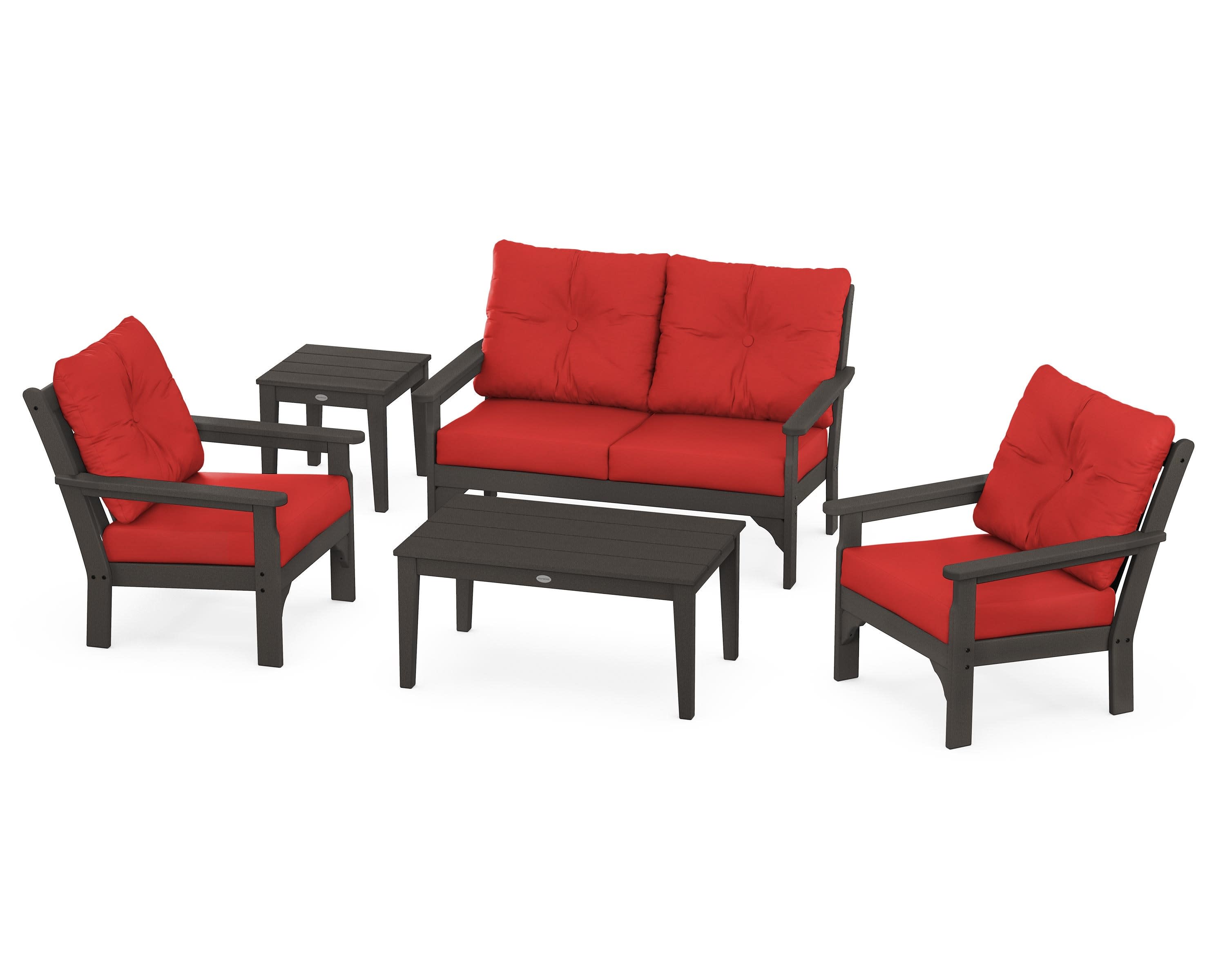 Vineyard 5-Piece Deep Seating Set in Vintage Coffee / Crimson Linen