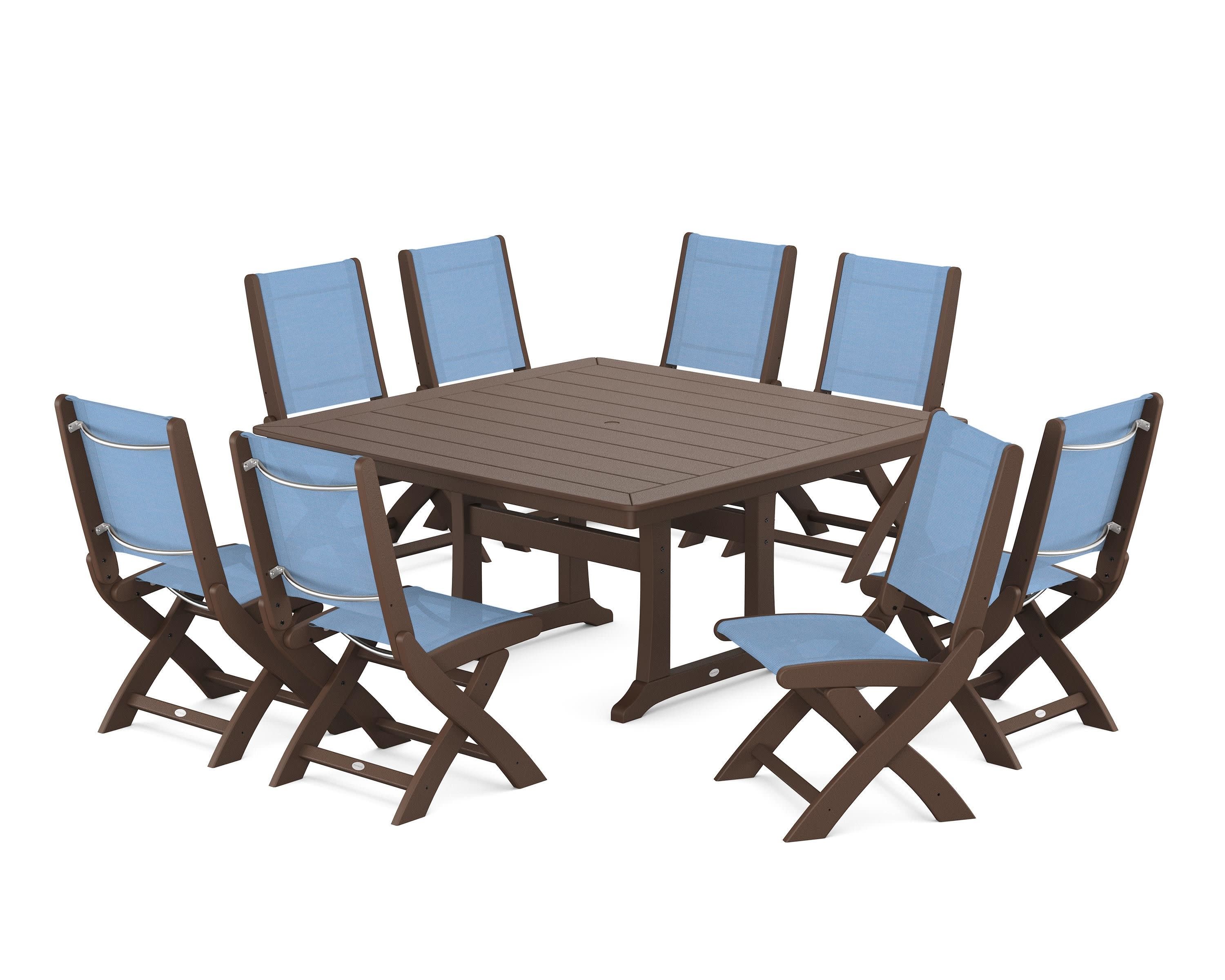 Coastal Folding Side Chair 9-Piece Dining Set with Trestle Legs in Mahogany / Poolside Sling
