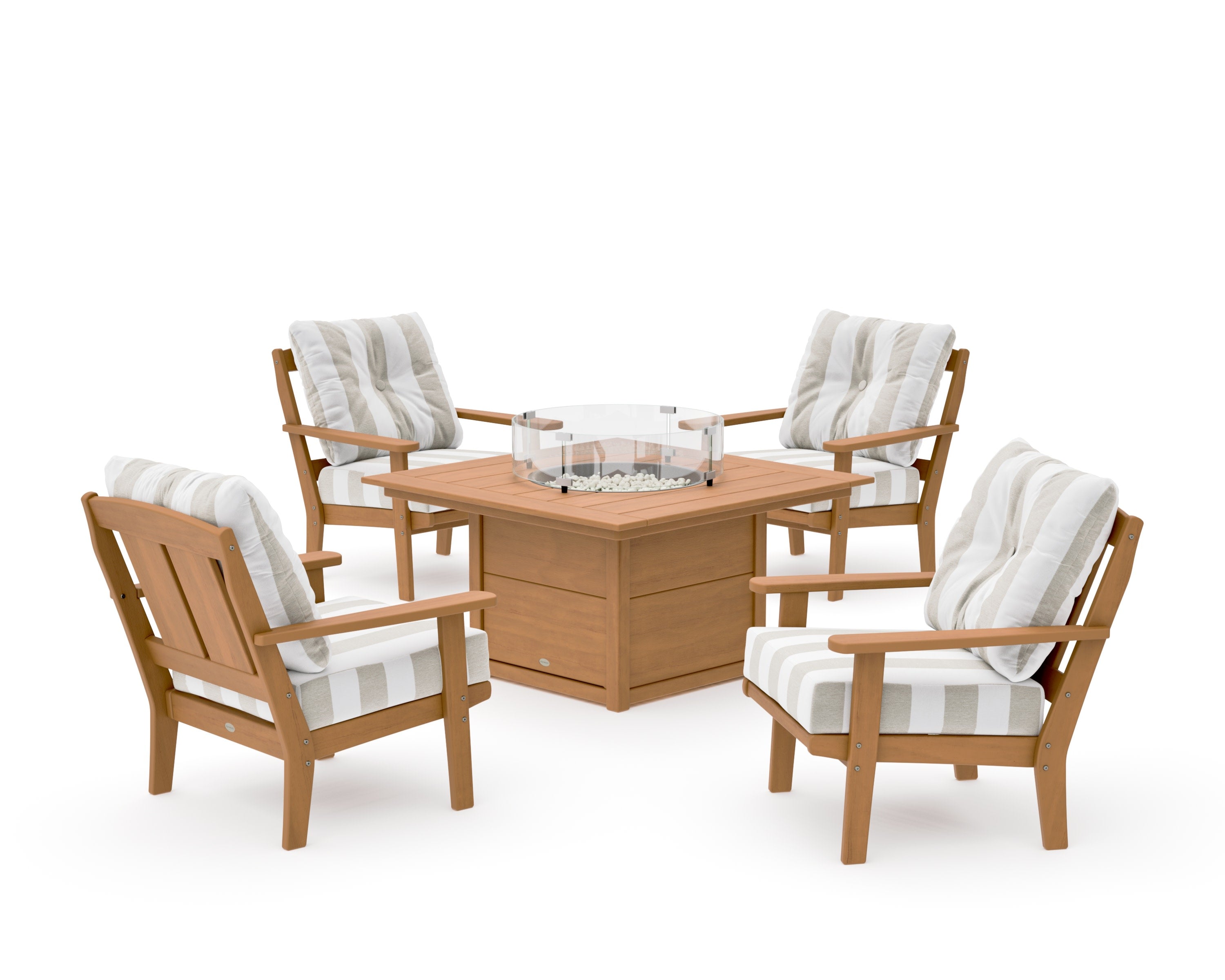 Mission 5-Piece Deep Seating Set with Fire Pit Table in Natural / Cabana Stripe Dune Burlap