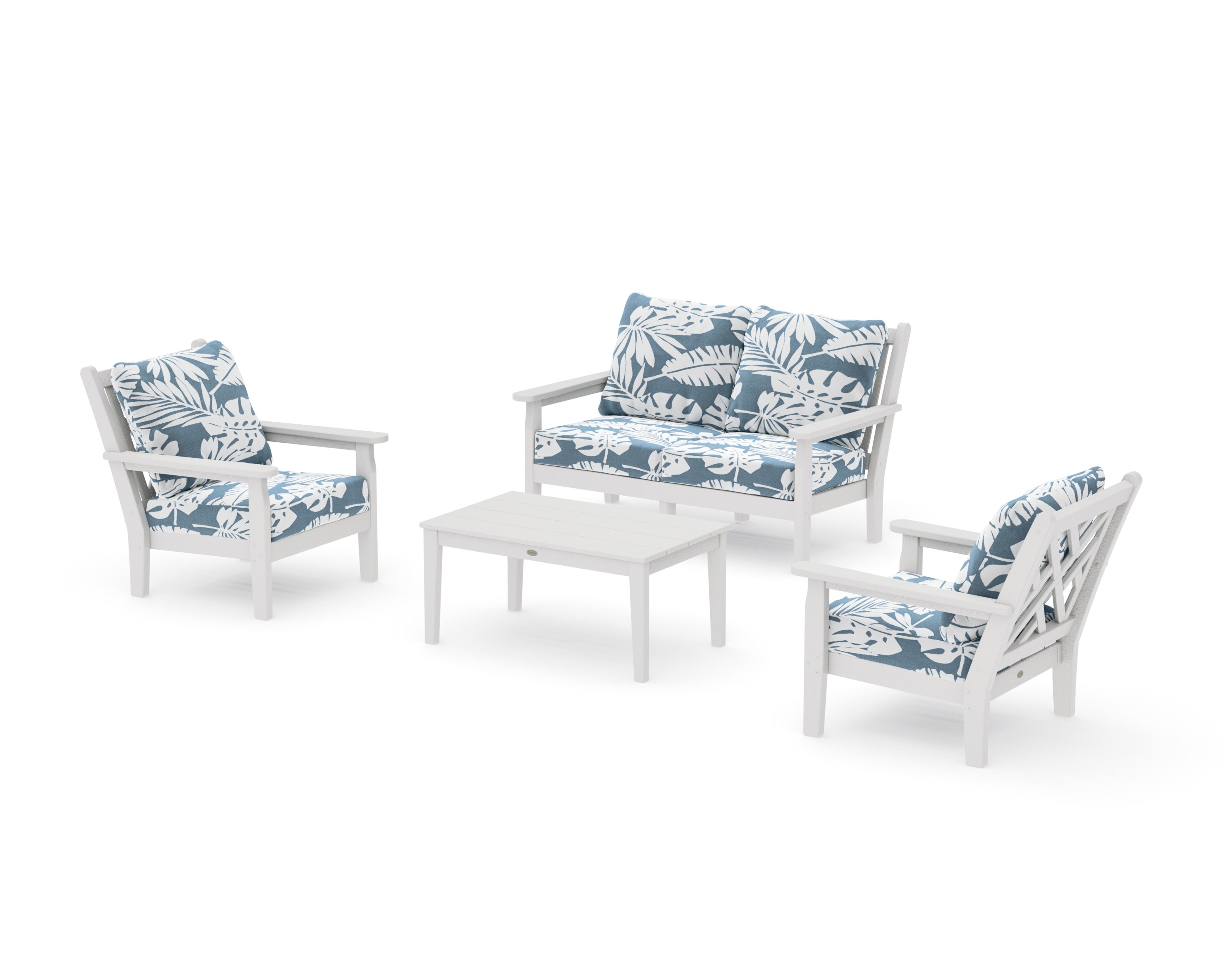 Chippendale 4-Piece Deep Seating Set with Loveseat in Vintage White / Leaf Sky Blue