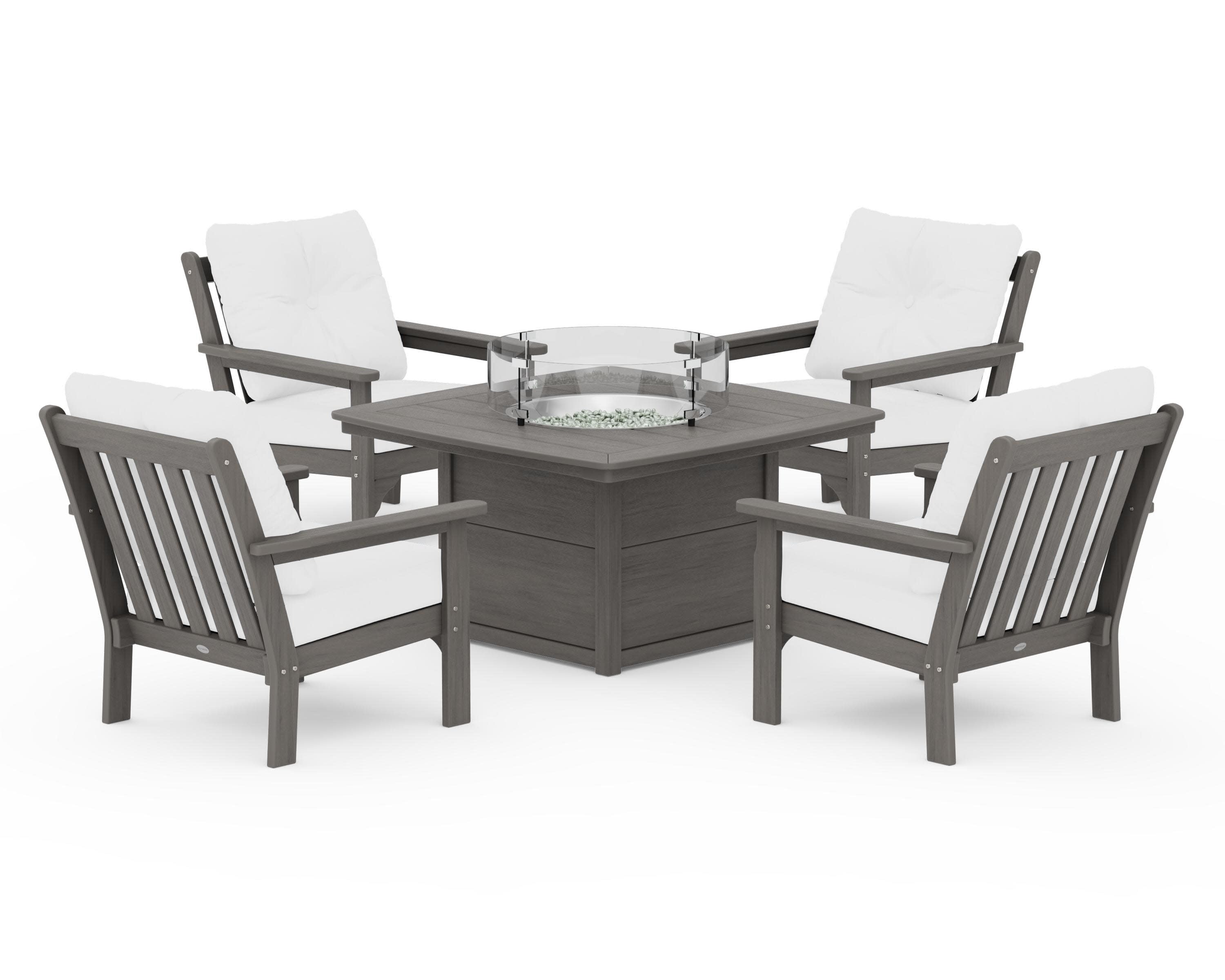 Vineyard 5-Piece Conversation Set with Fire Pit Table in Driftwood / Natural