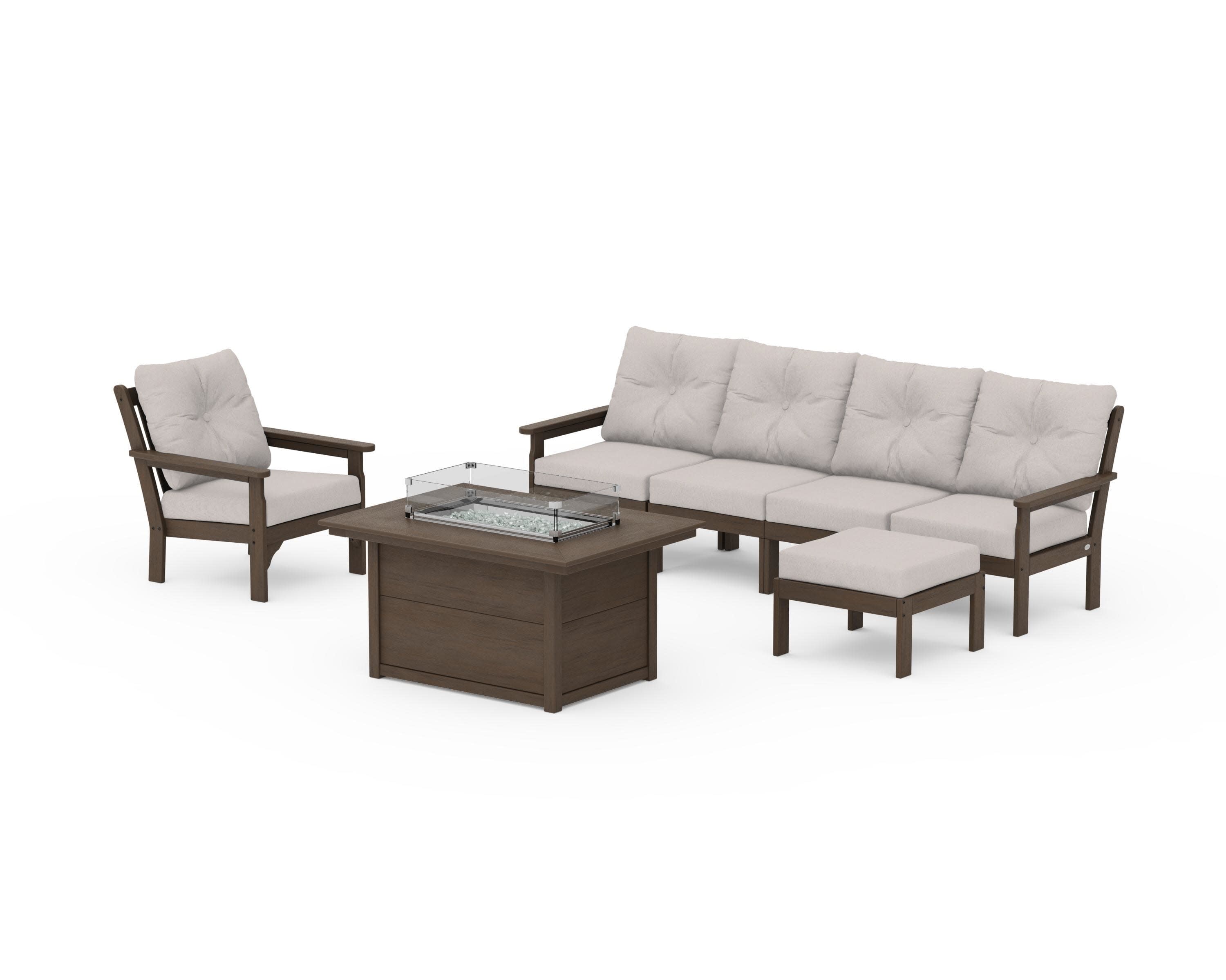 Vineyard Sectional Lounge and Fire Pit Set in Kona / Dune Burlap