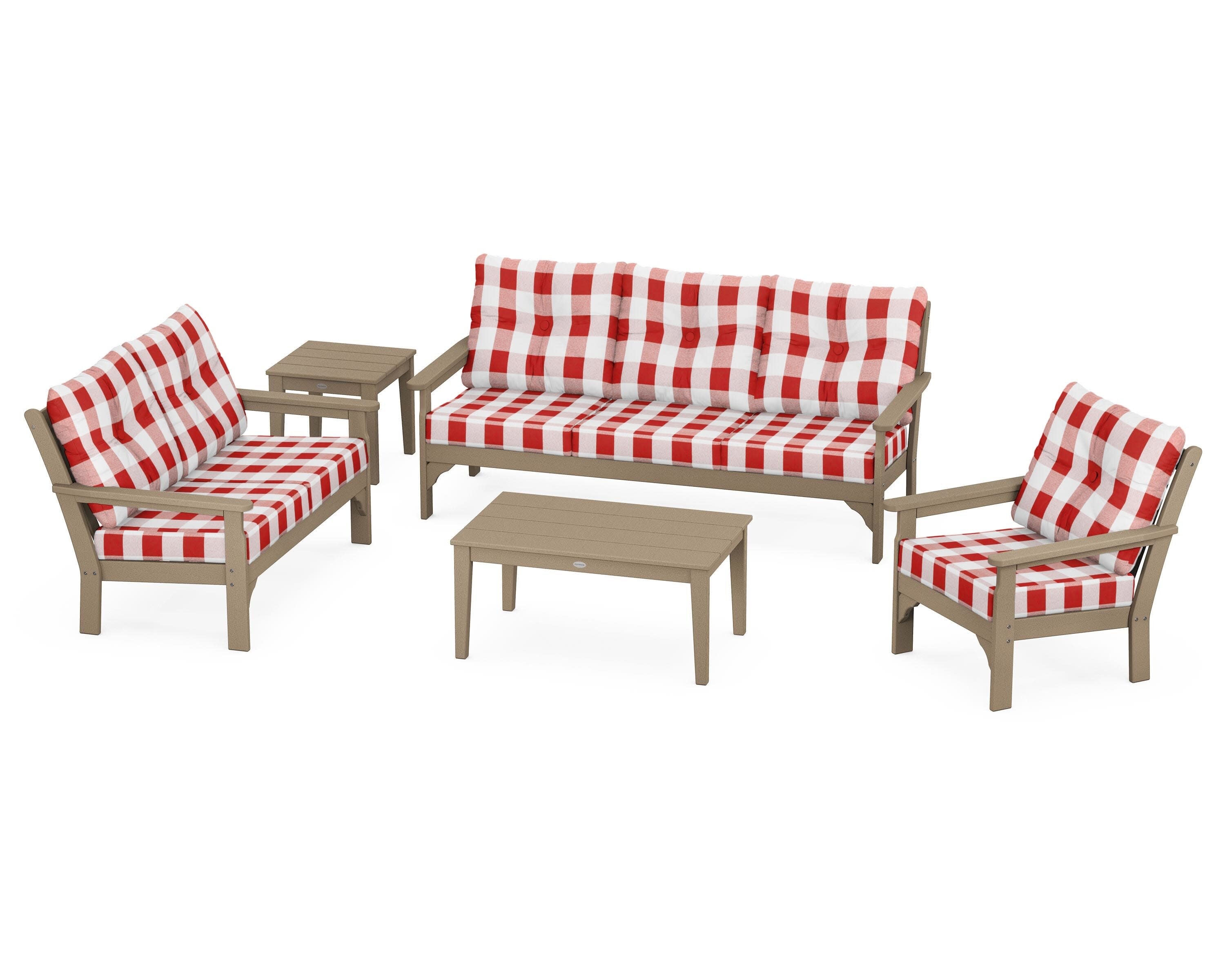 Vineyard 5 Piece Deep Seating Set in Vintage Sahara / Buffalo Plaid Crimson