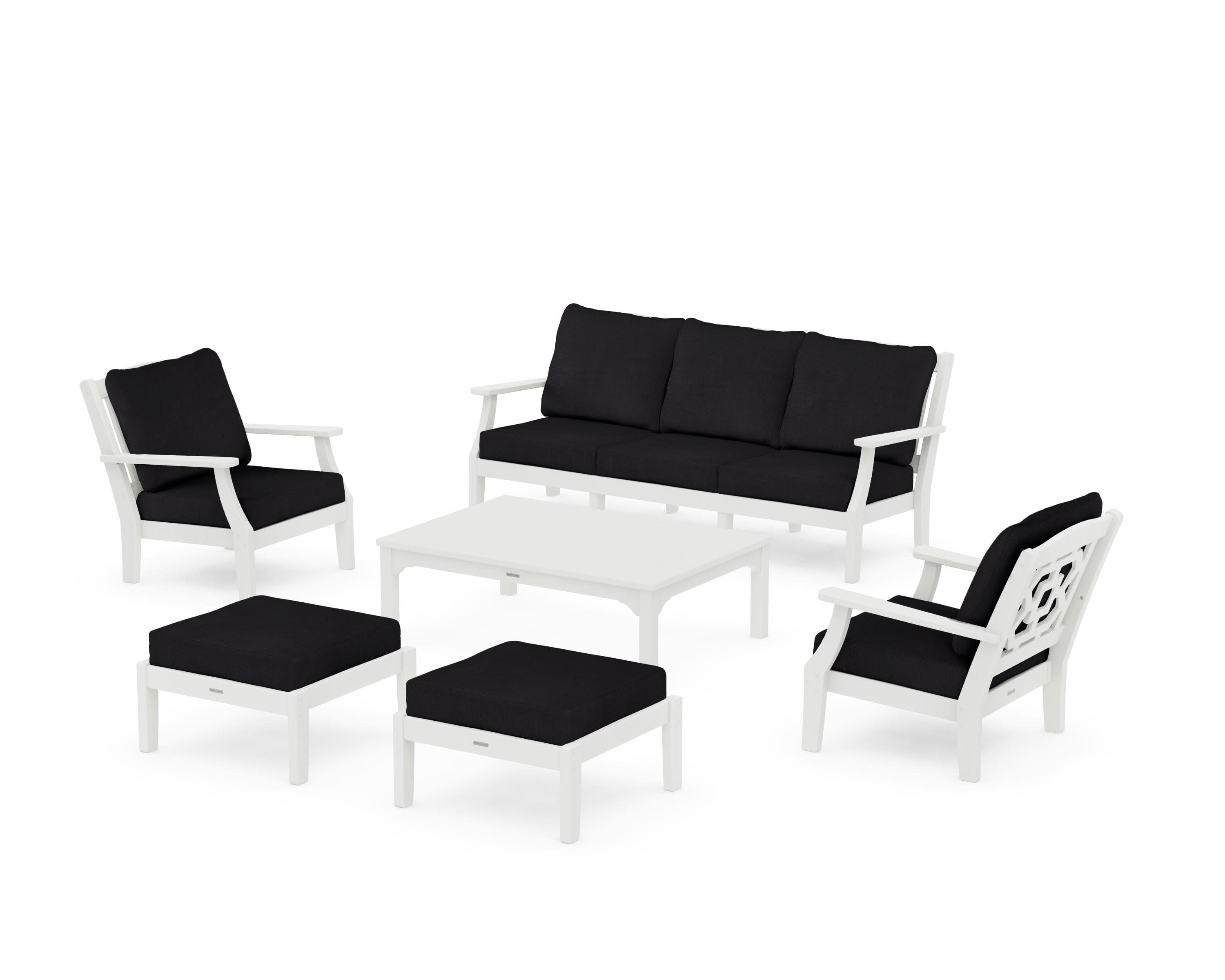 Chinoiserie 6-Piece Lounge Sofa Set in Vintage White / Midnight Linen