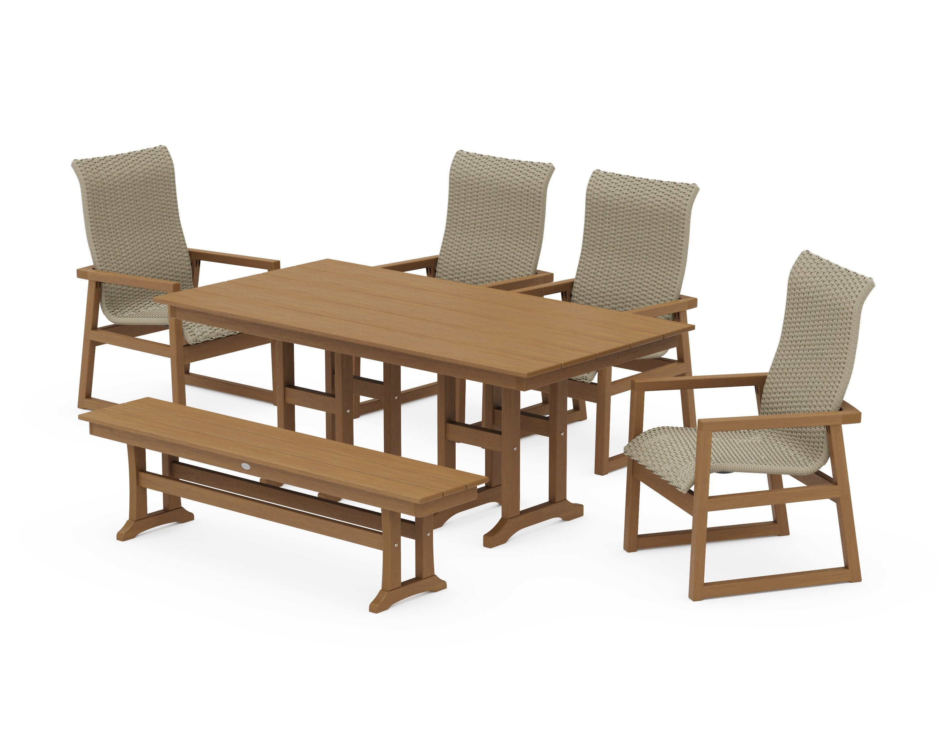 EDGE Woven Highback 6-Piece Farmhouse Dining Set with Bench in Natural / Dune Grass
