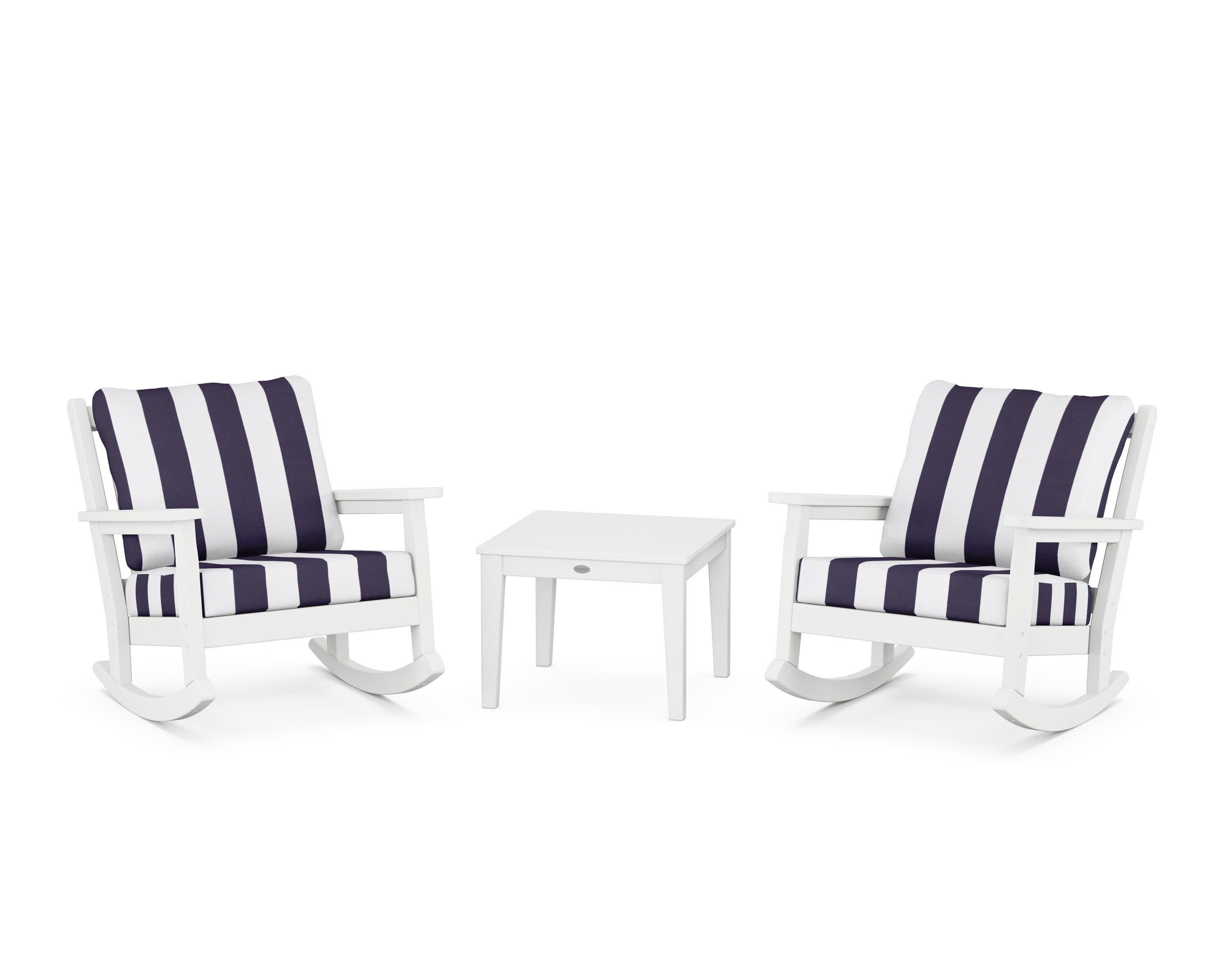 Chippendale 3-Piece Deep Seating Rocker Set in White / Cabana Stripe Navy