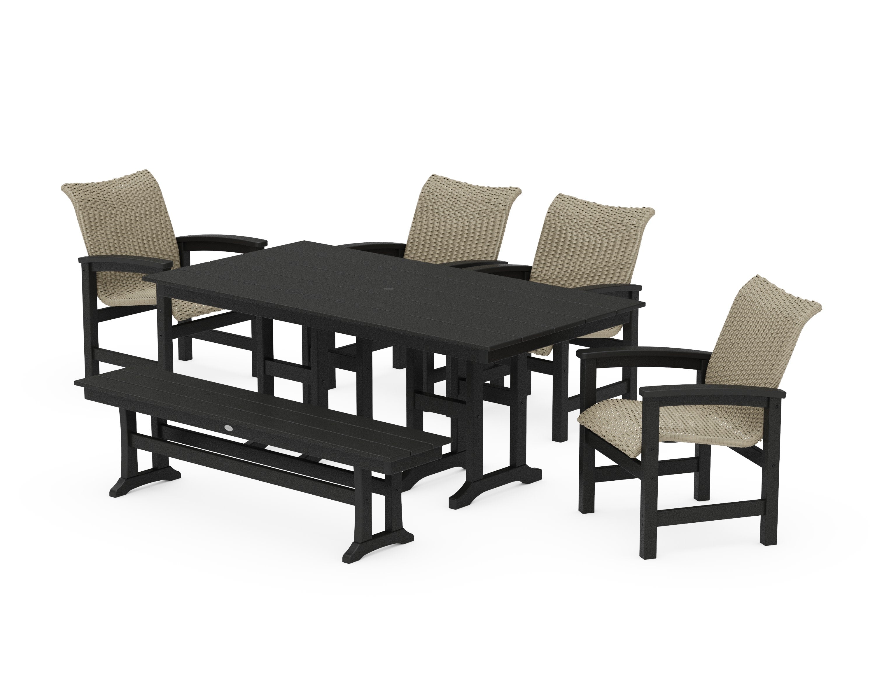 Coastal Woven 6-Piece Farmhouse Dining Set with Bench in Black / Dune Grass