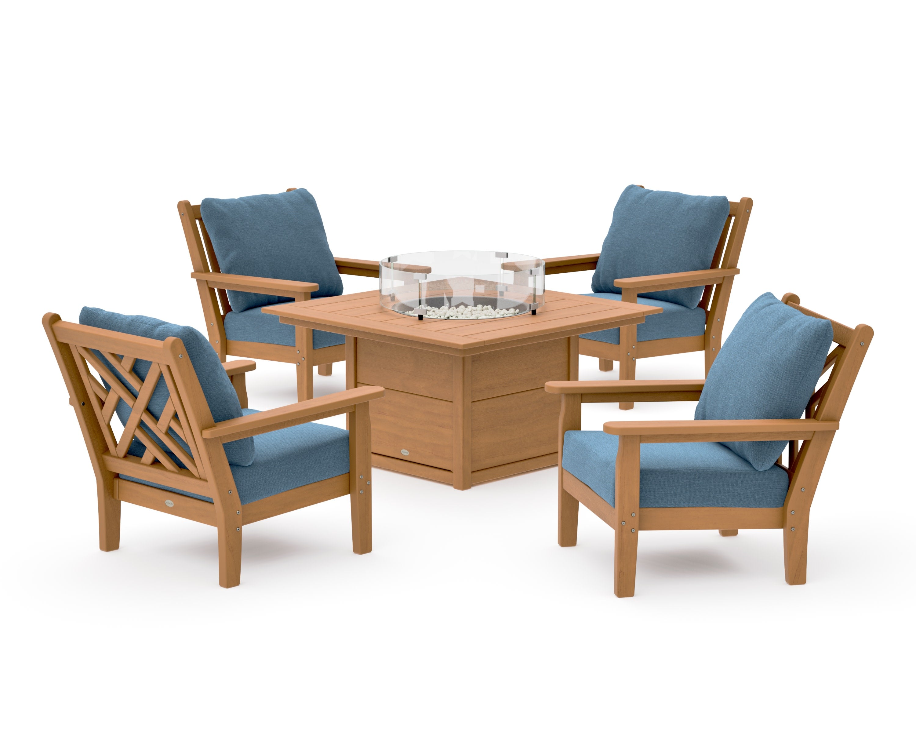 Chippendale 5-Piece Deep Seating Set with Fire Pit Table in Natural / Sky Blue