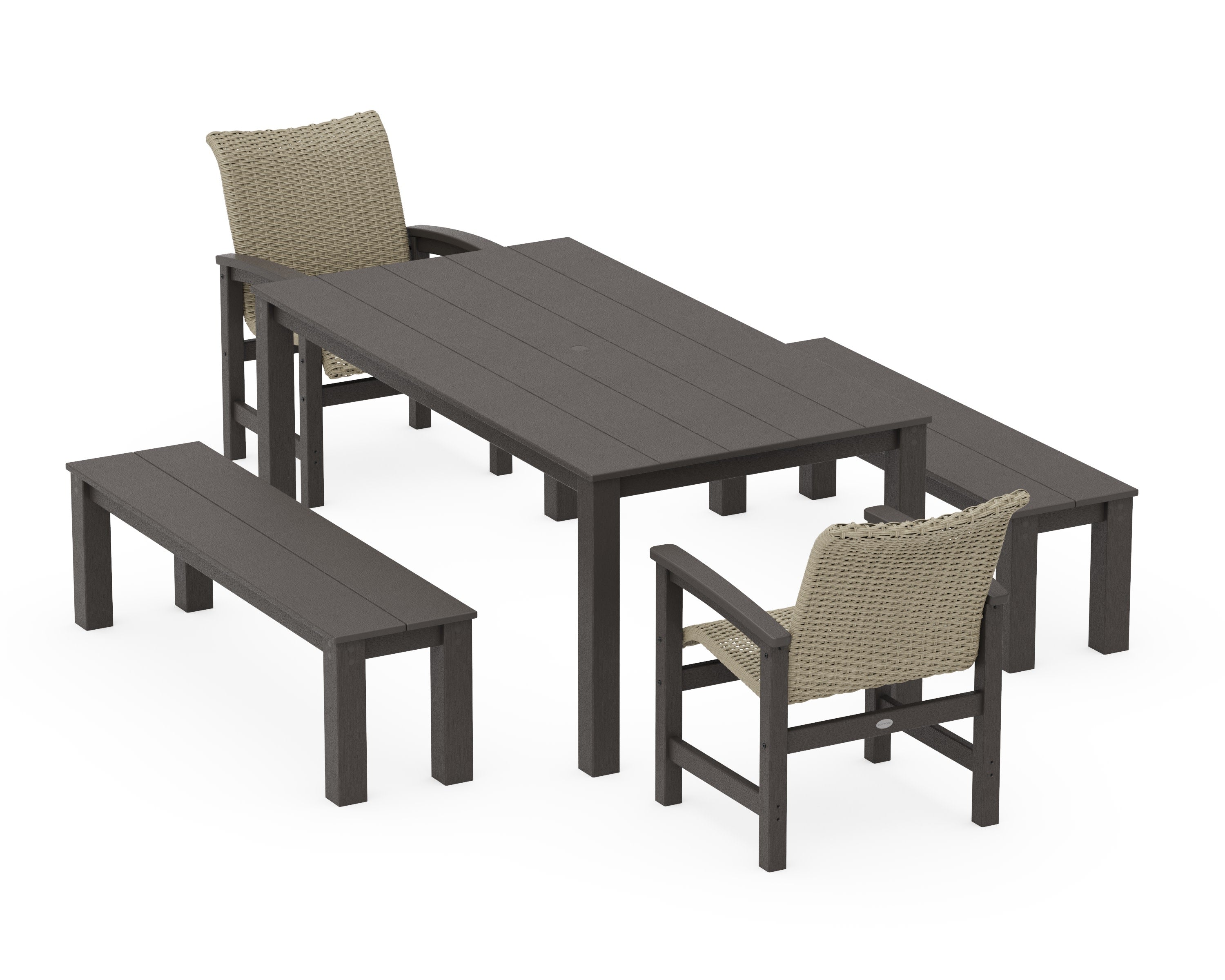 Coastal Woven 5-Piece Parsons Dining Set with Benches in Vintage Coffee / Dune Grass